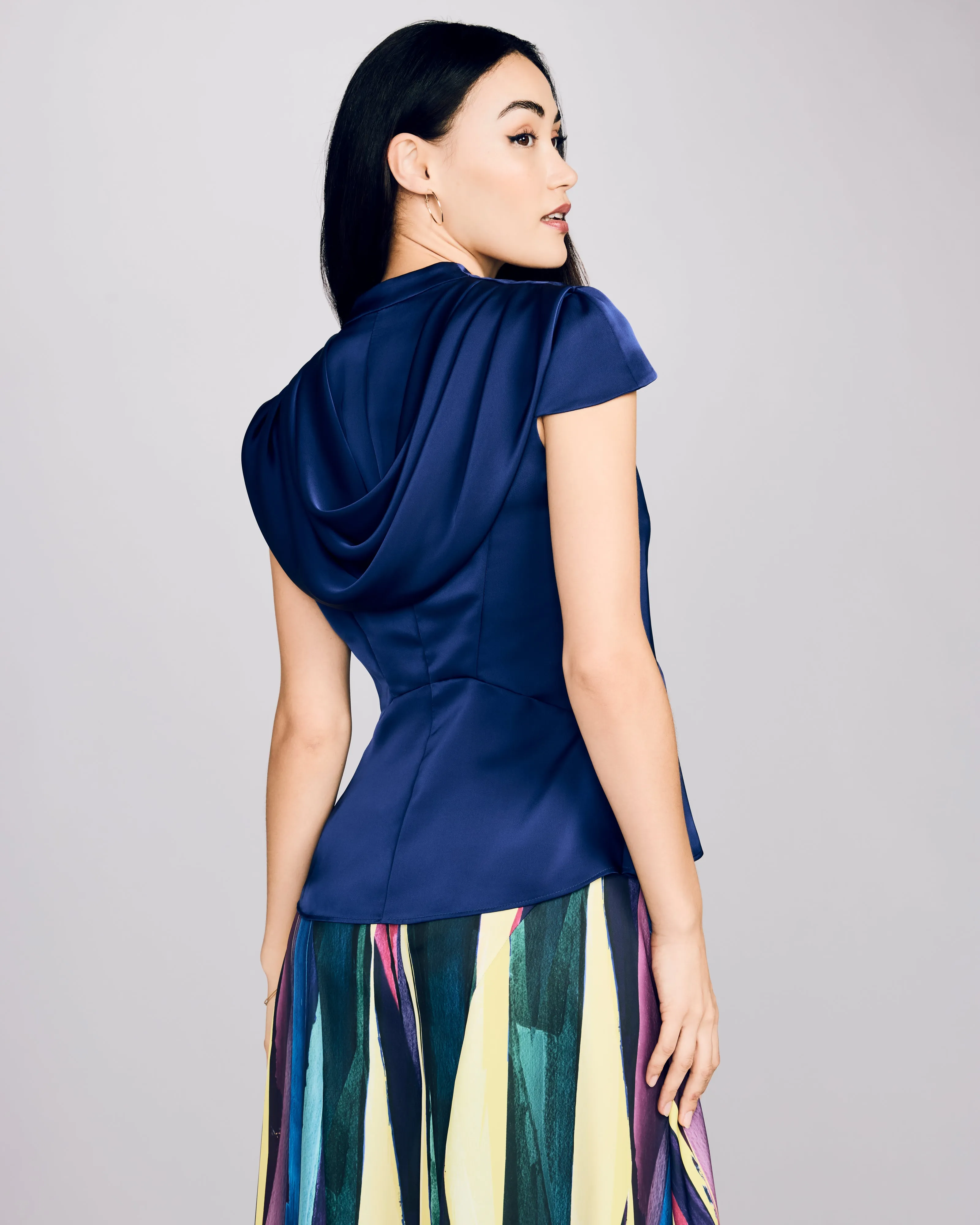 Draped-Back Navy Blouse