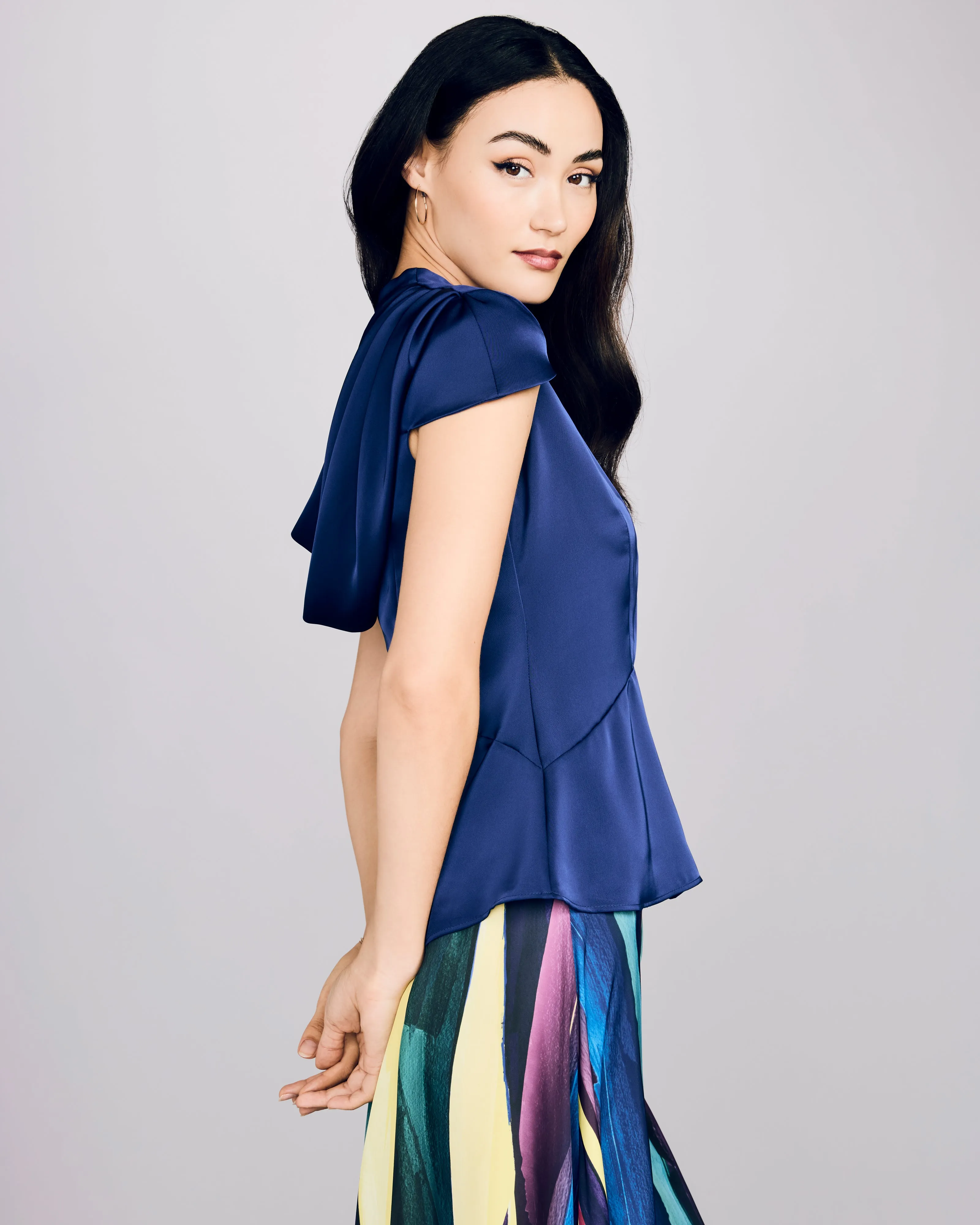 Draped-Back Navy Blouse