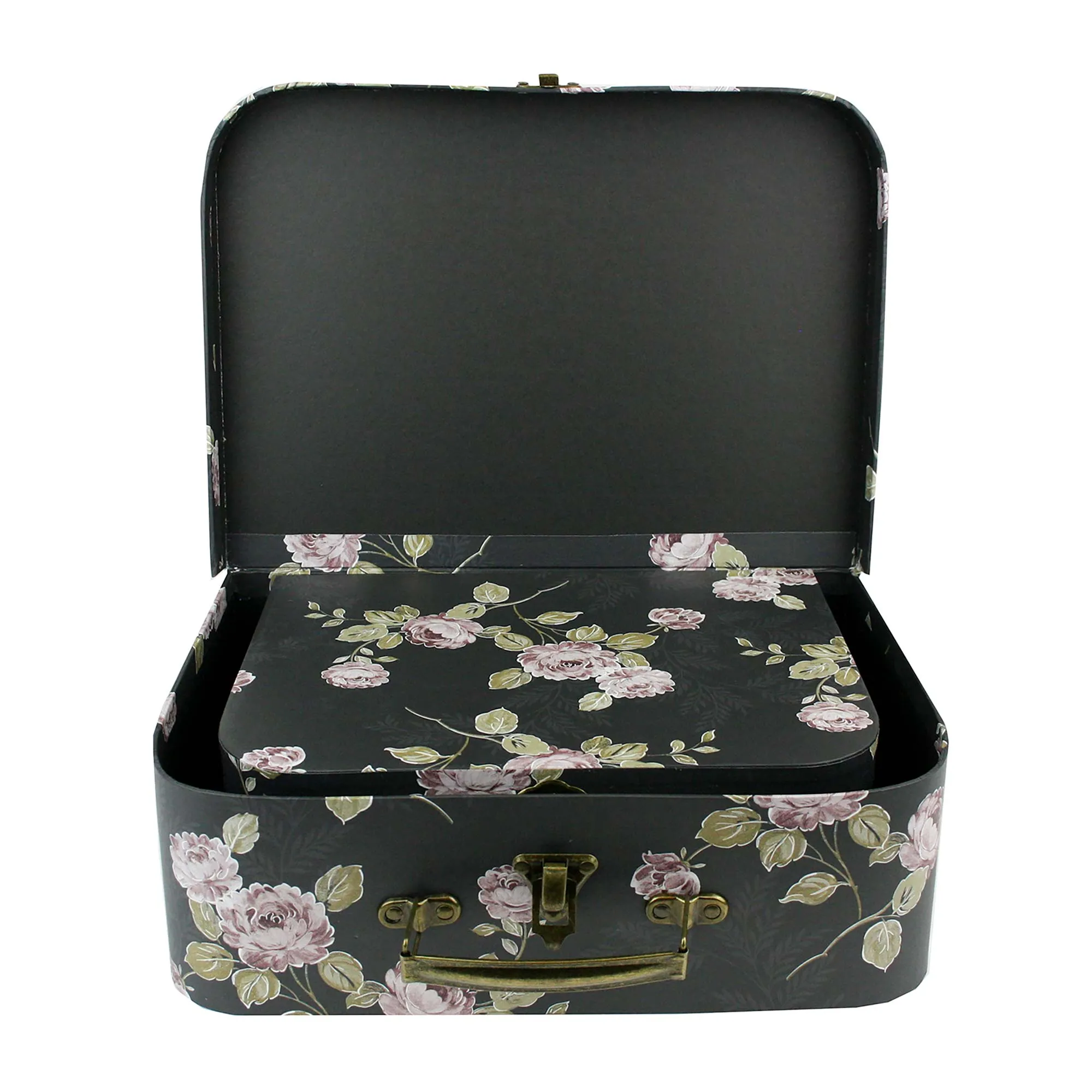 Elegant Black Floral Suitcase Style Gift Boxes - Set of 3