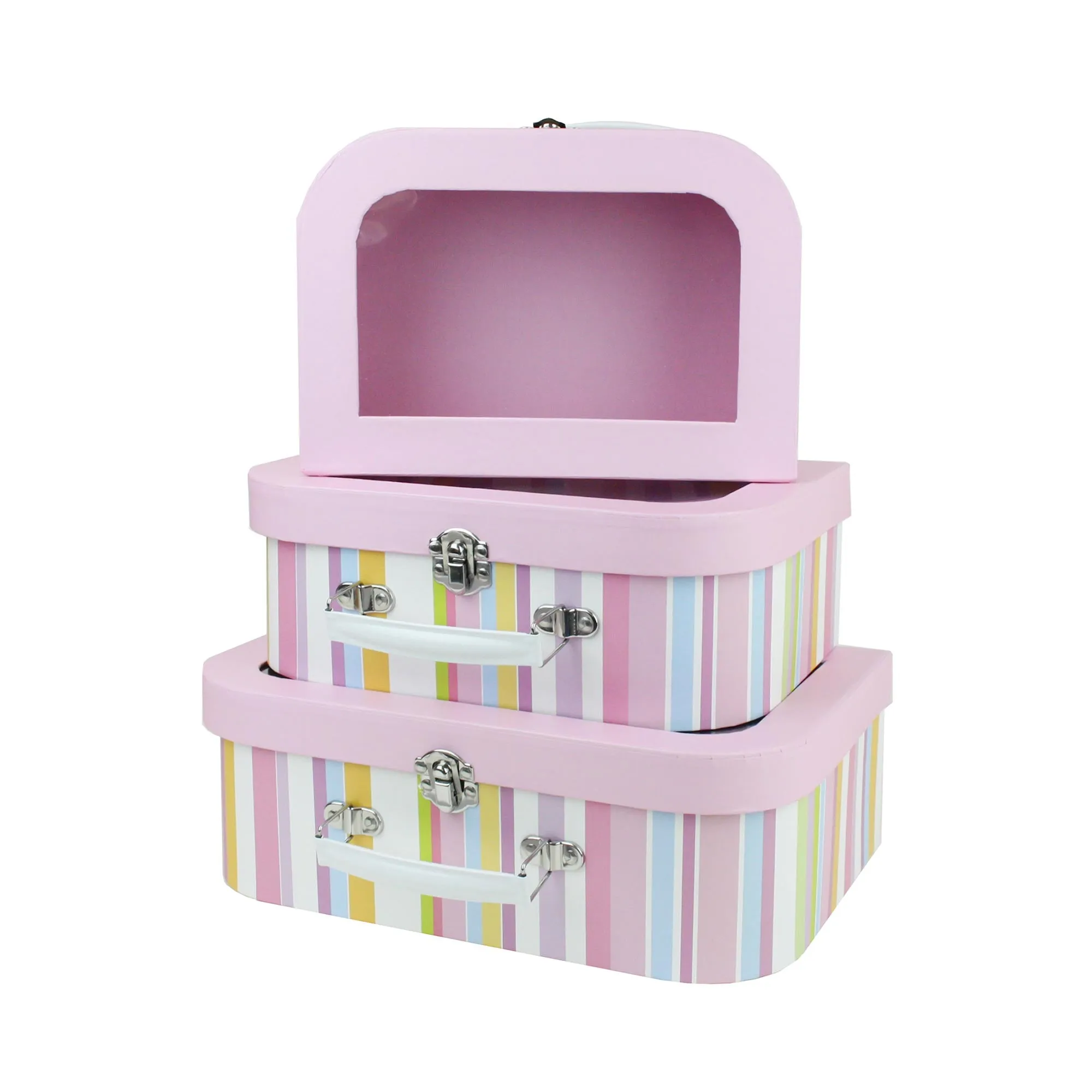 Elegant Multicolored Stripes Window Suitcase Style Gift Boxes - Set of 3