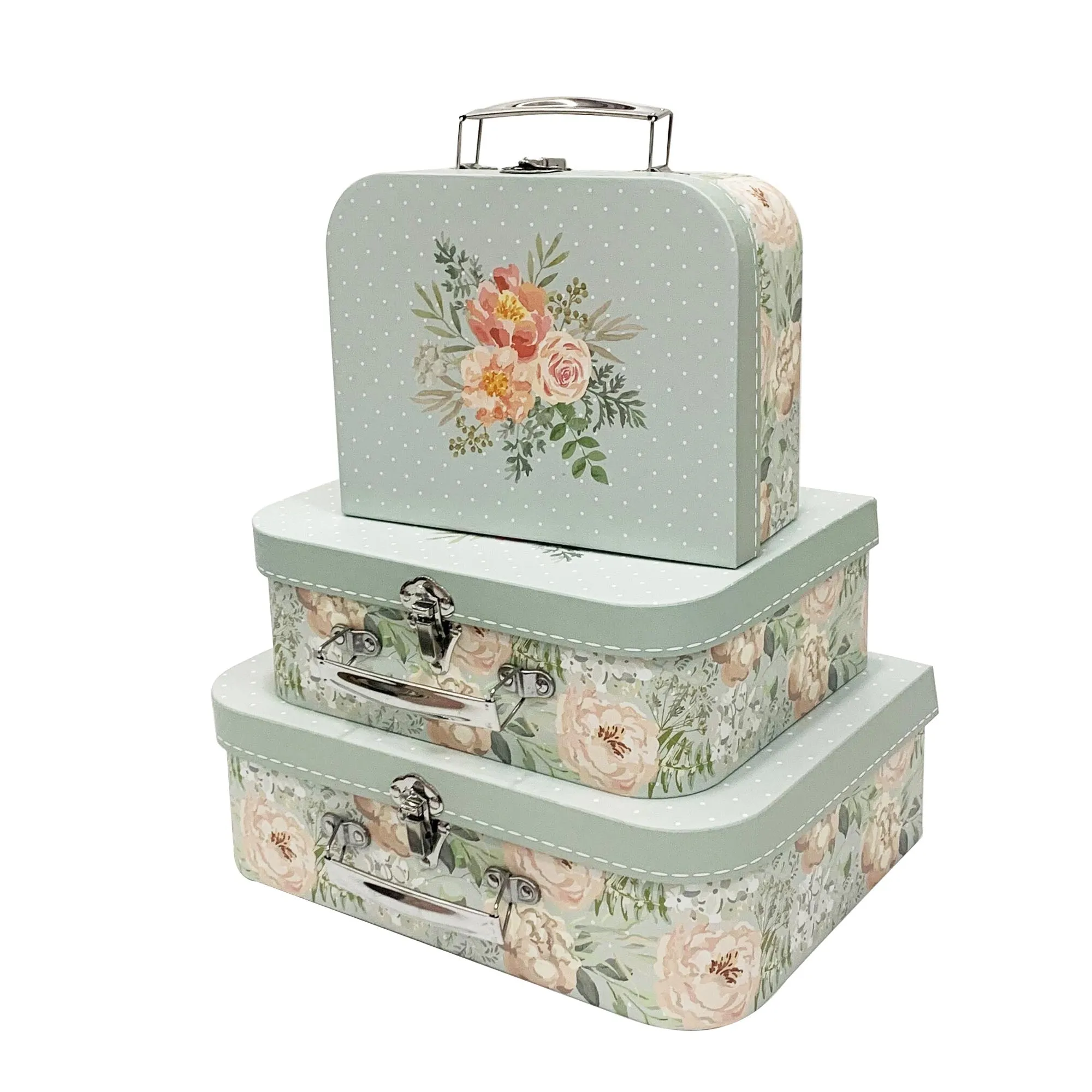 Elegant Pastel Green Flower Bouquet Suitcase Style Gift Boxes - Set of 3