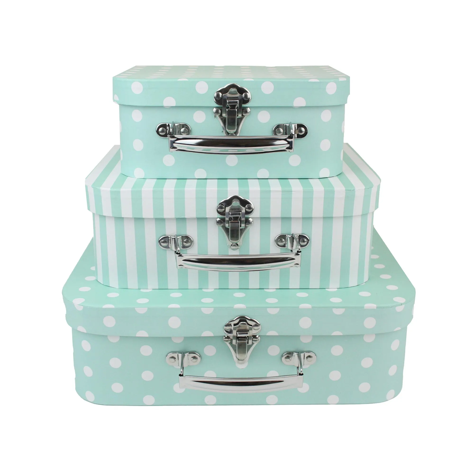 Elegant Sea Green Stripes & Polka Suitcase Style Gift Boxes - Set of 3