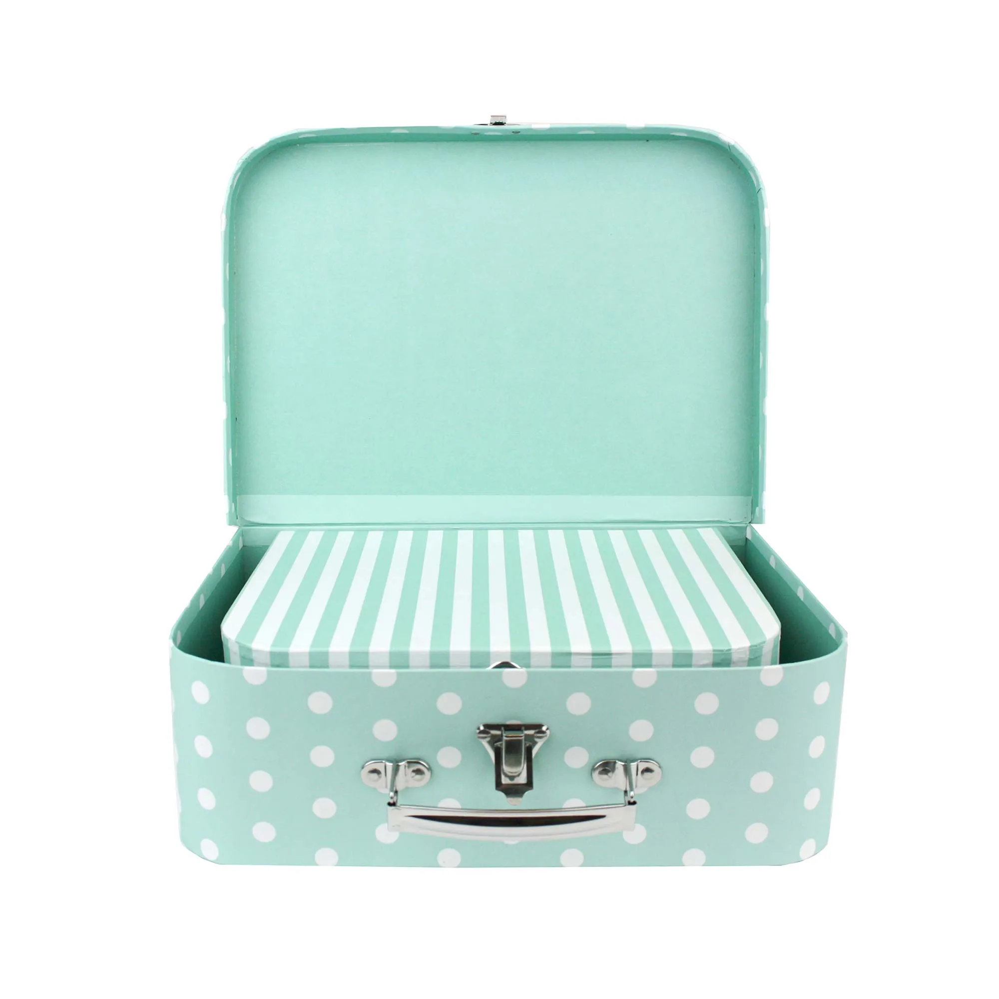 Elegant Sea Green Stripes & Polka Suitcase Style Gift Boxes - Set of 3