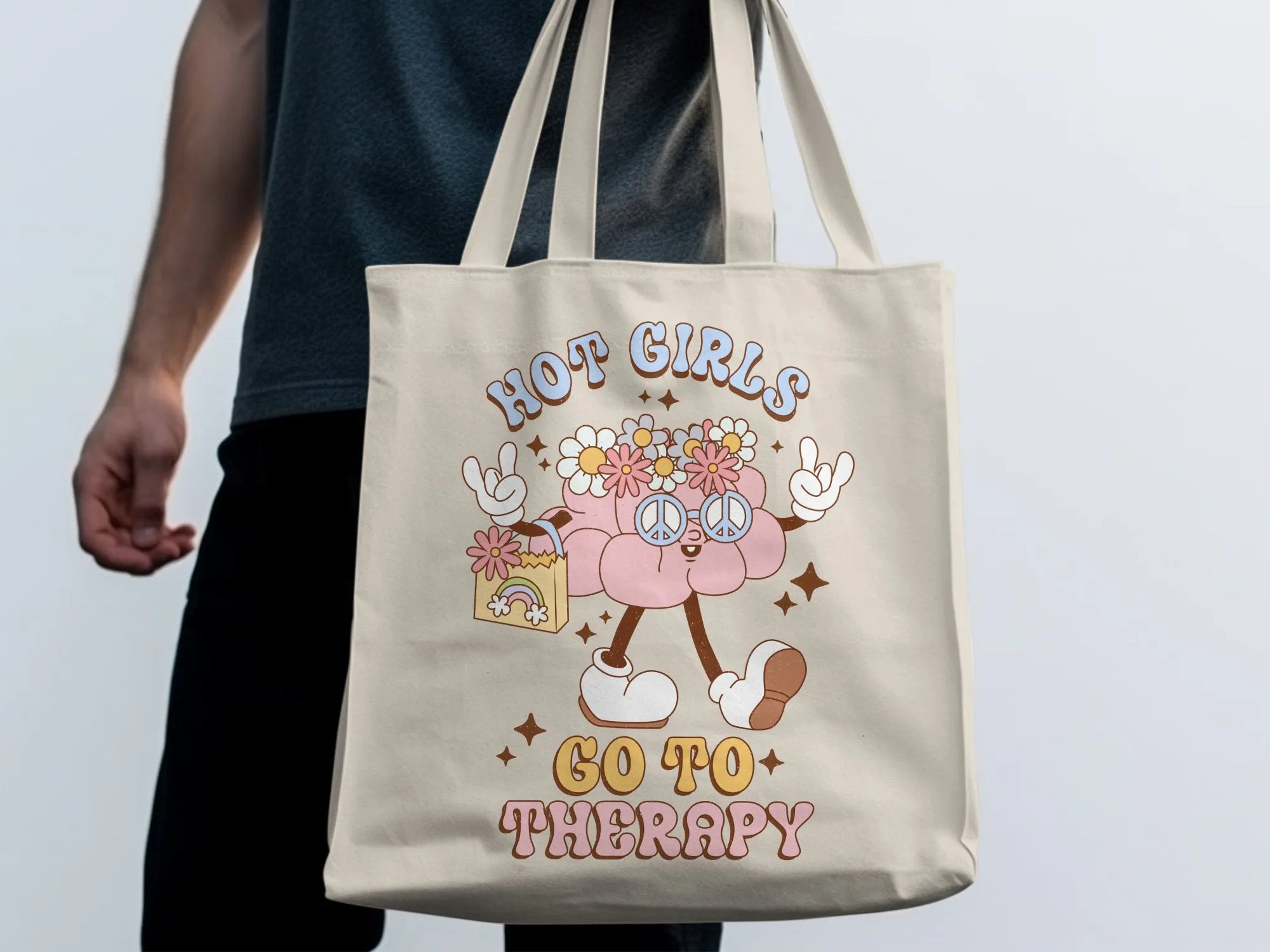 Funky Peace Love Therapy Quote Tote Bag, Cute Floral Hippie Style Handbag, Vibrant Positive Message Carryall