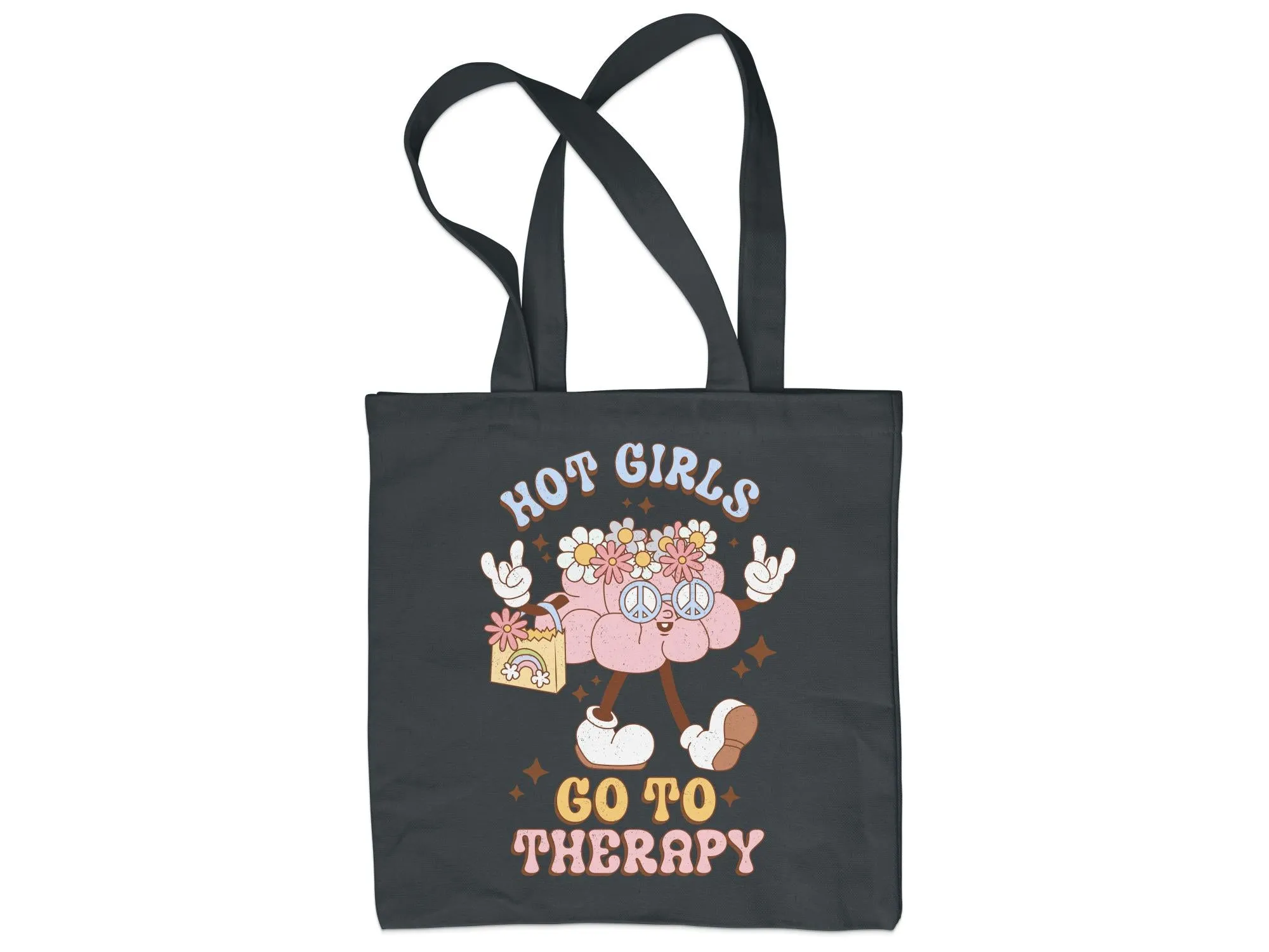 Funky Peace Love Therapy Quote Tote Bag, Cute Floral Hippie Style Handbag, Vibrant Positive Message Carryall