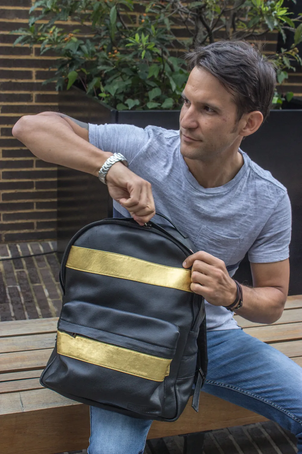 GOLD LB Leather Bag backpack in Black and gold stripes