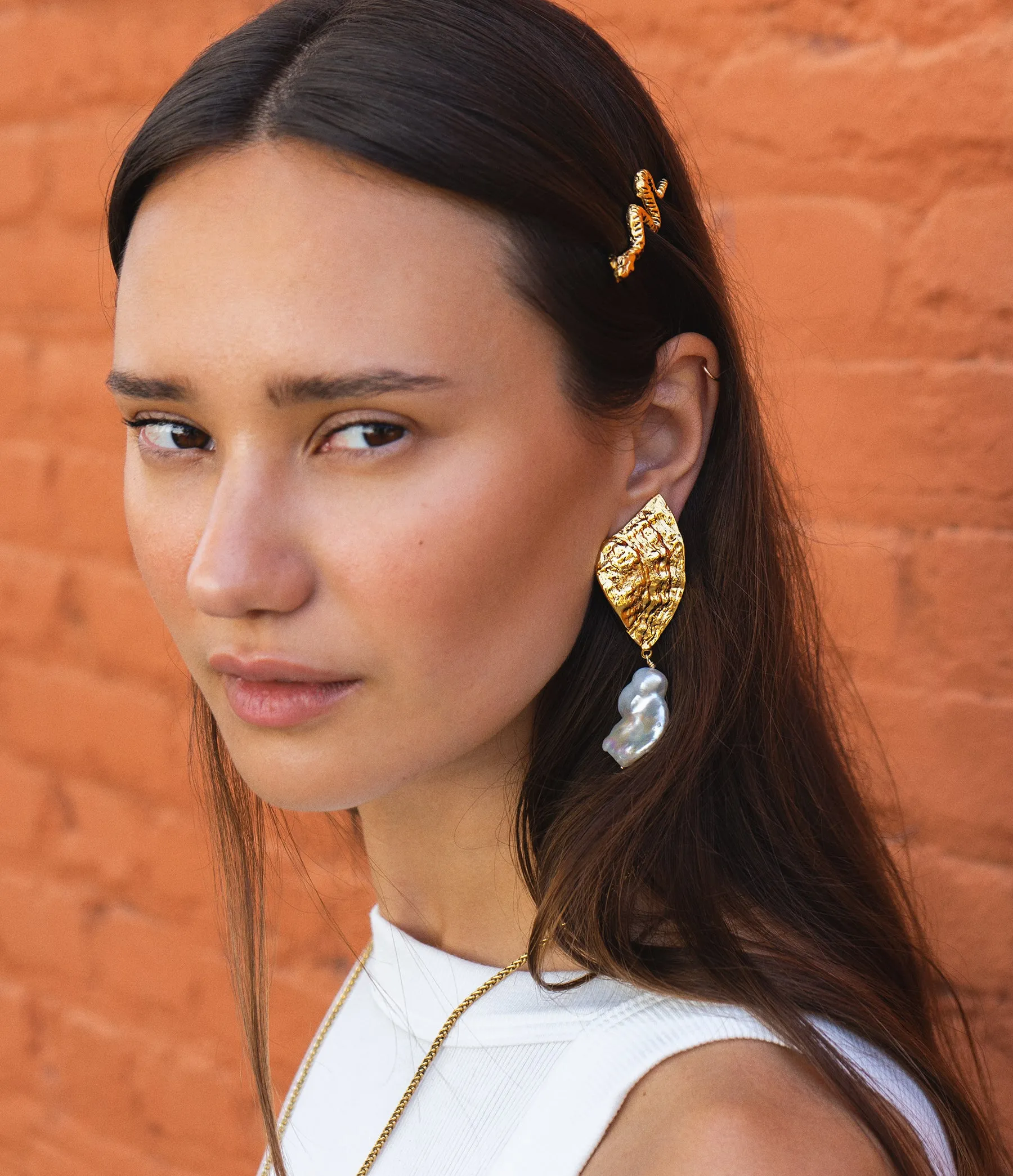 Gold Shell Earrings with Pearl