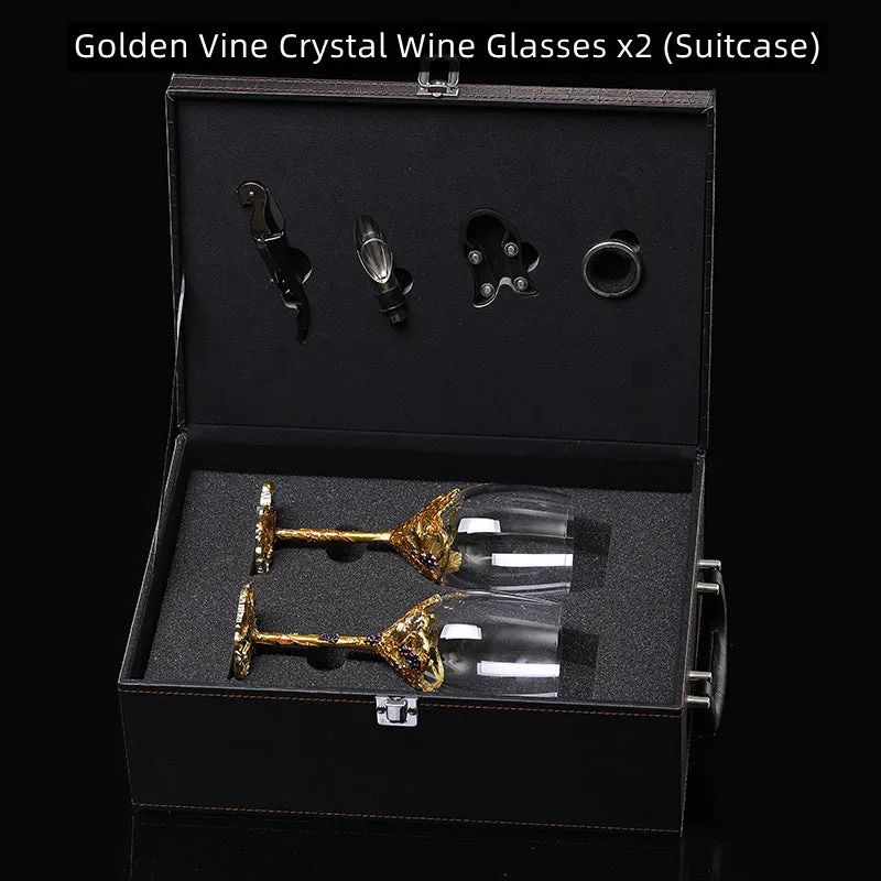 Golden Vine Crystal Wine Glasses with Decanter Suitcase Set