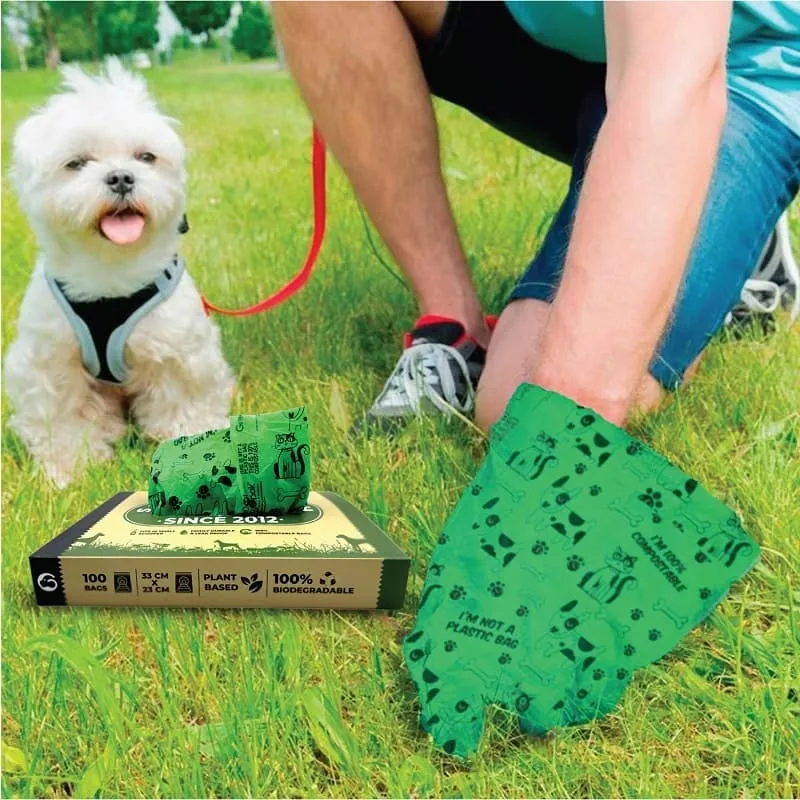 Goofy Tails Dog Poop Bags (100 Bags) | Biodegradable and Compostable | Leak Proof Eco - Friendly Pet Waste Disposable Bags (33cm x 23cm)