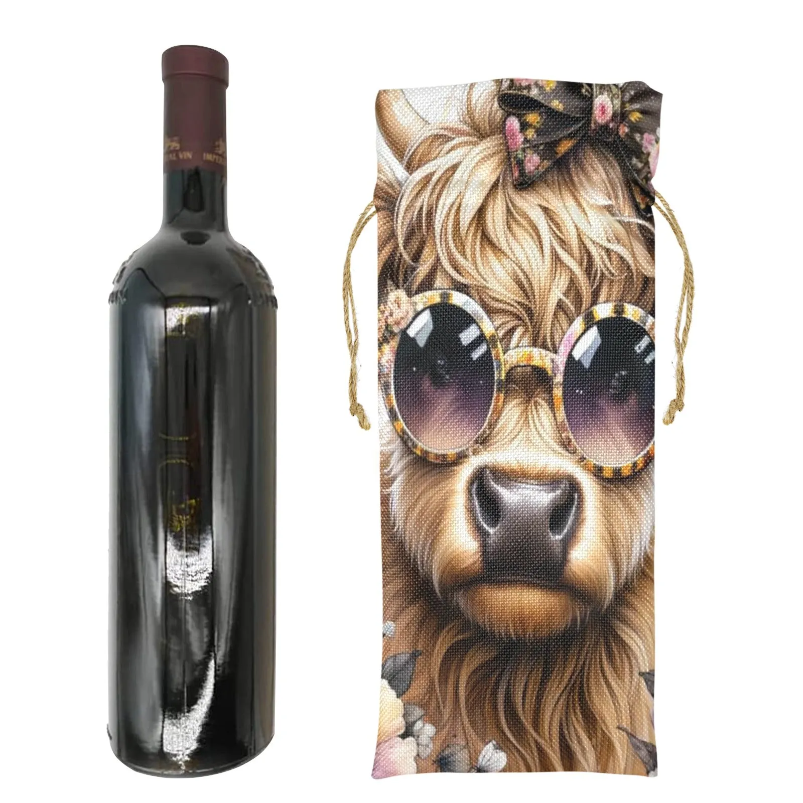 Highlander Cow awd701 Linen Wine Bottle Bag