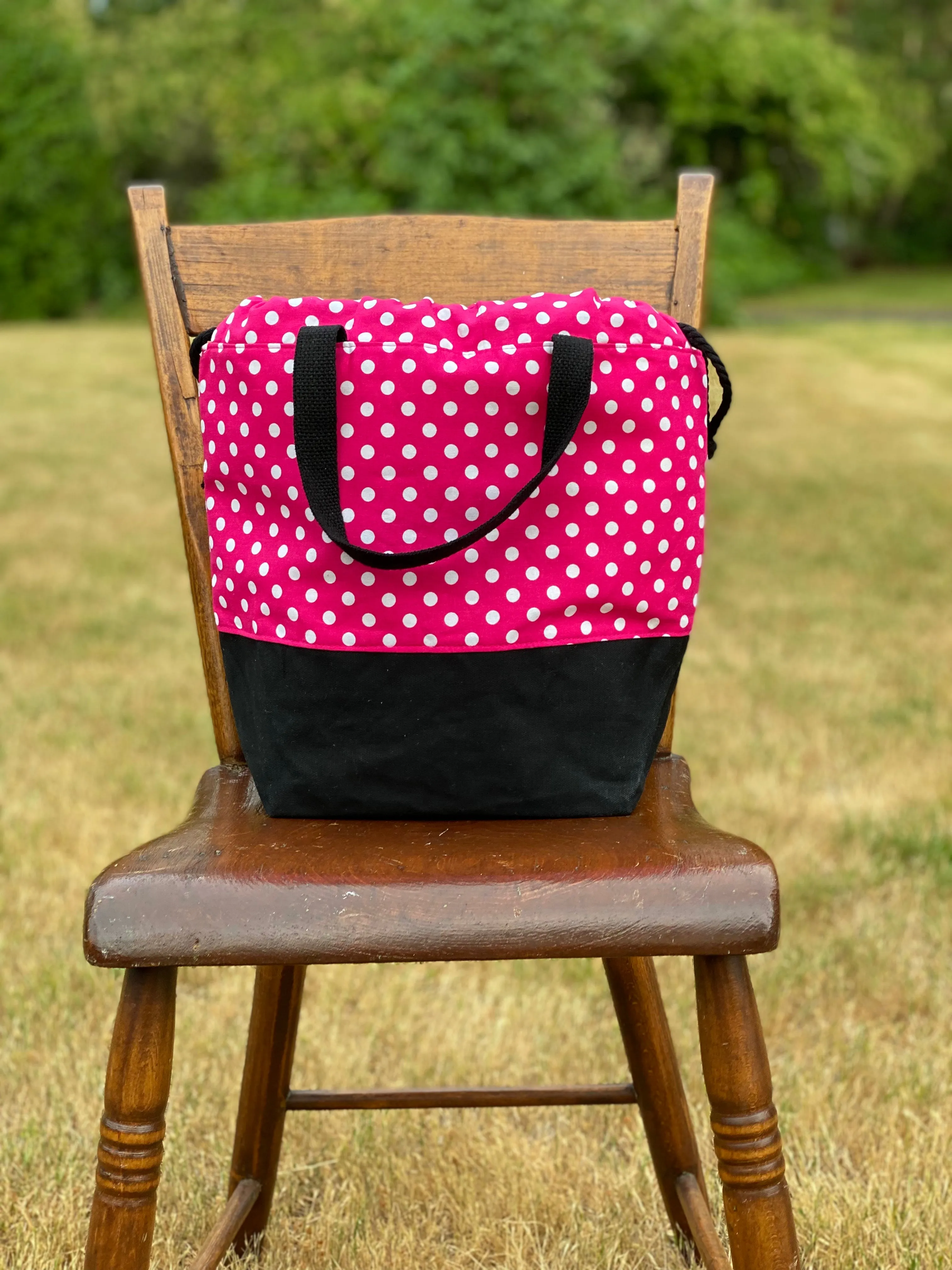 Hot Pink Polka Dot Project Bag, Project Bag for Knitters, Knitting Bag, Pink and Black Waxed Canvas Bag