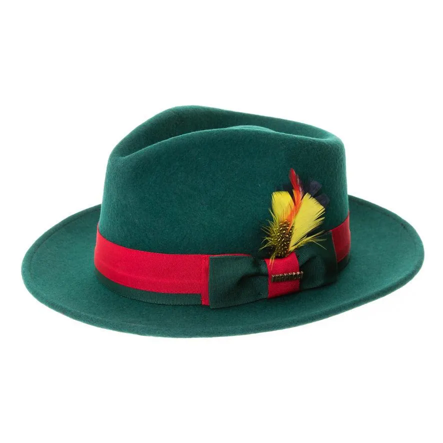 Hunter Green & Red Grayson Fedora 100% Australian Wool Crushable Hat