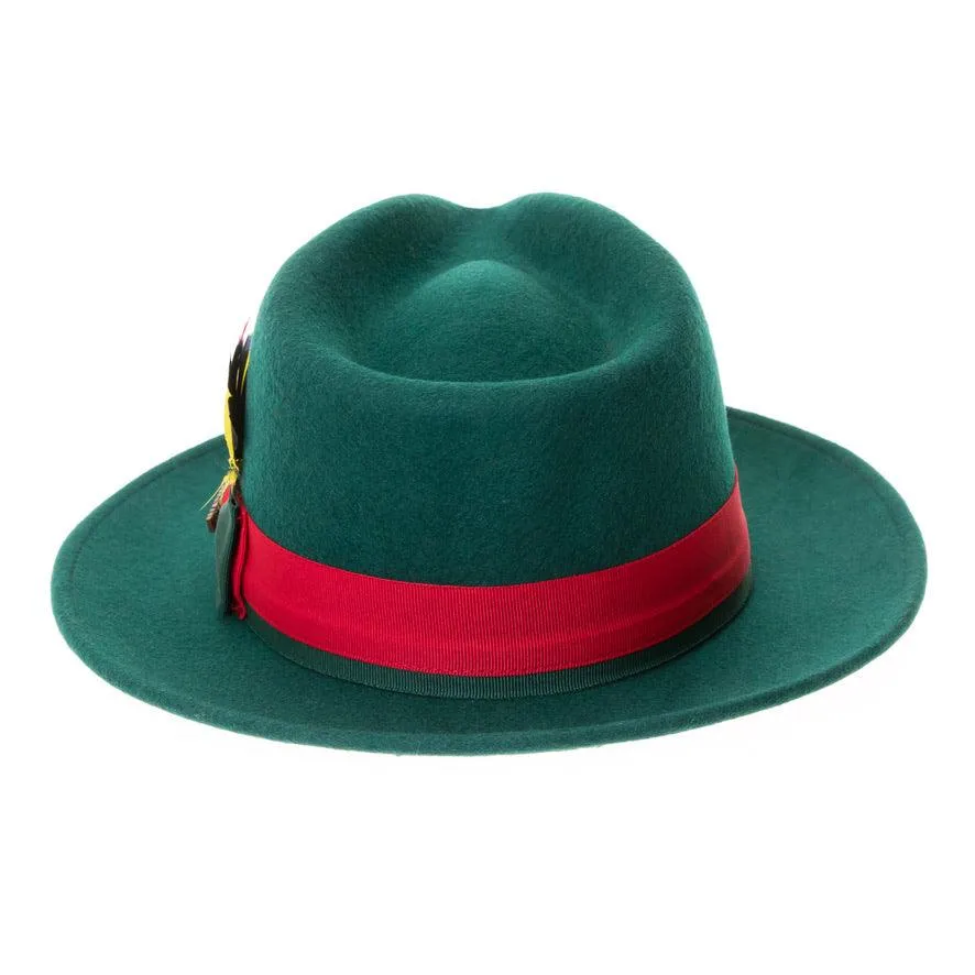 Hunter Green & Red Grayson Fedora 100% Australian Wool Crushable Hat