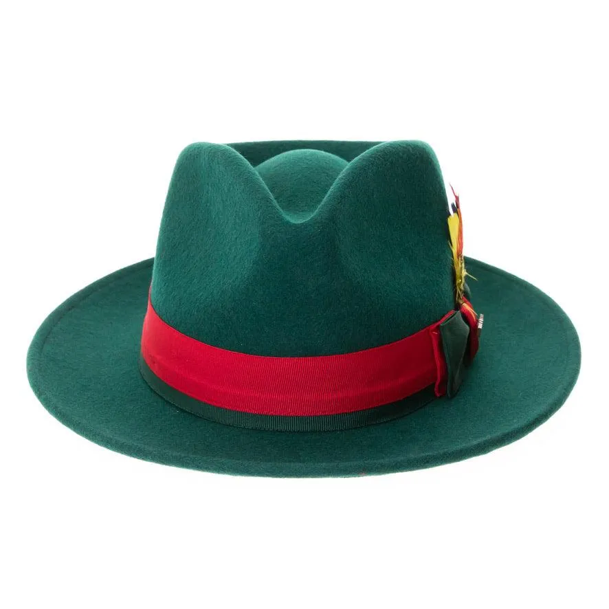 Hunter Green & Red Grayson Fedora 100% Australian Wool Crushable Hat