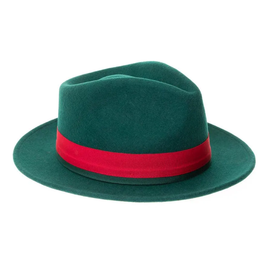 Hunter Green & Red Grayson Fedora 100% Australian Wool Crushable Hat