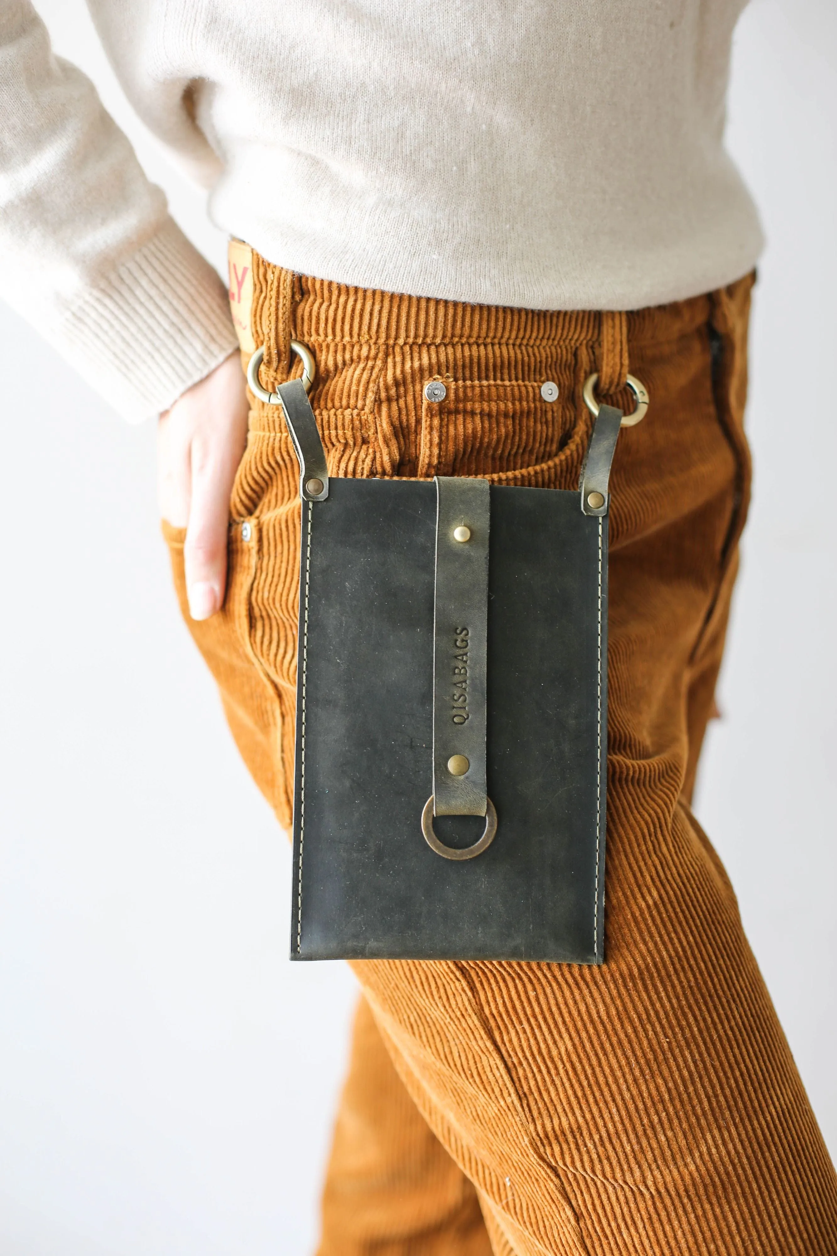 Khaki Green Leather Phone Bag