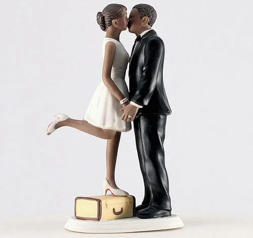 Kiss & We're Off Bride & Groom Cake Topper - Dark Skin Tone