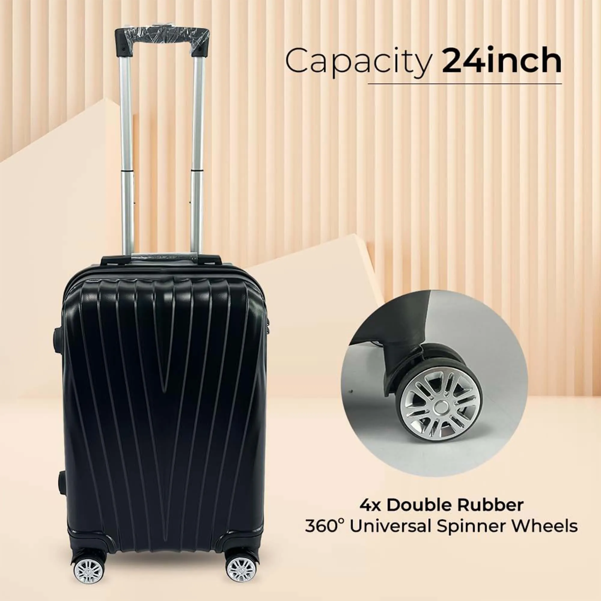 Kuber Industries 24inch Strong & Lightweight Cabin Trolley Bags with 360 Degree Rotating Wheels | Expandable Carry-On Cabin Luggage Suitcase | Bags for Travelling | Black