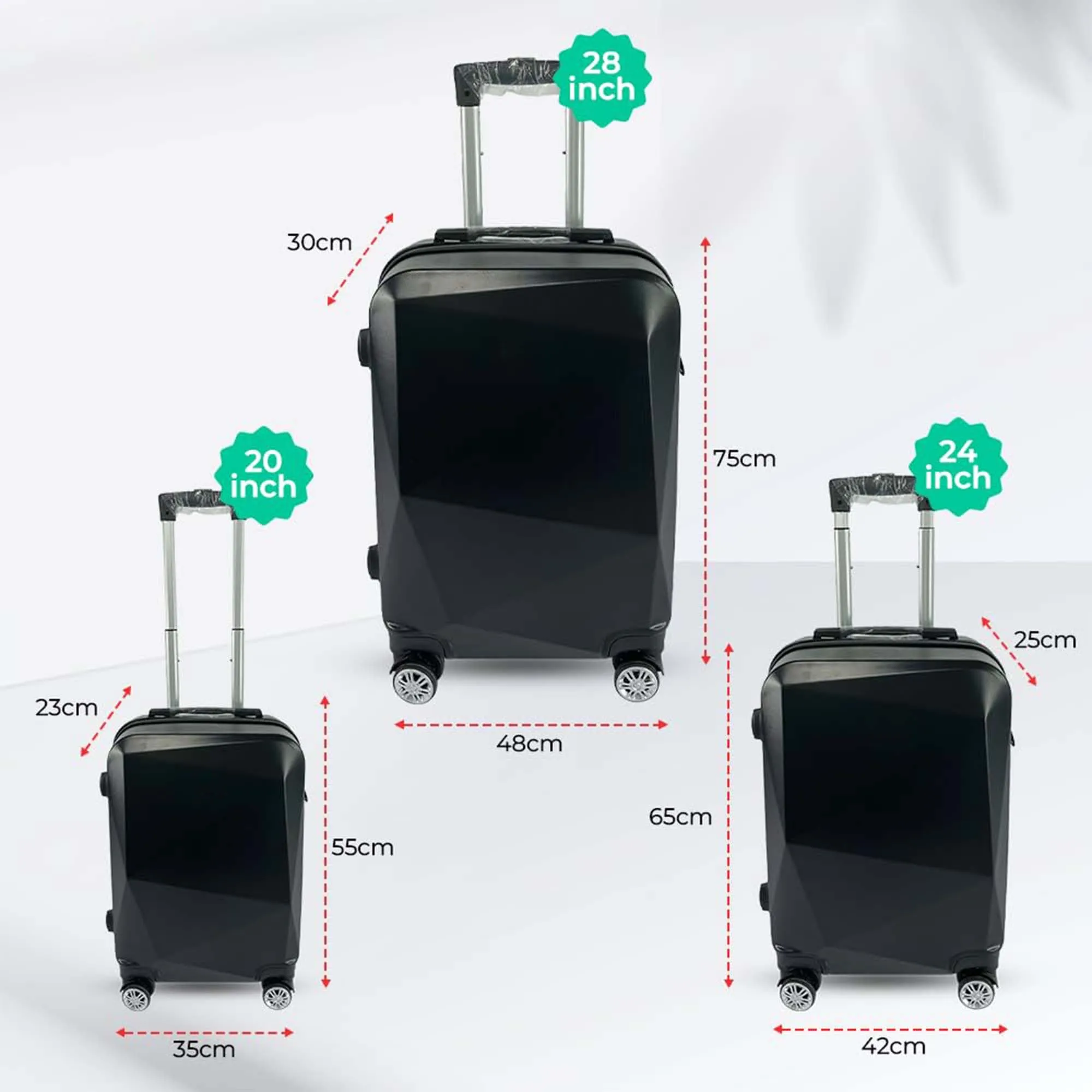 Kuber Industries Set of 3 Lightweight 20inch, 24inch, 28inch Cabin Trolley Bags with 360 Degree Wheels | Expandable Carry-On Cabin Luggage Suitcase | Bags for Travel | 60053PCBLK-Black