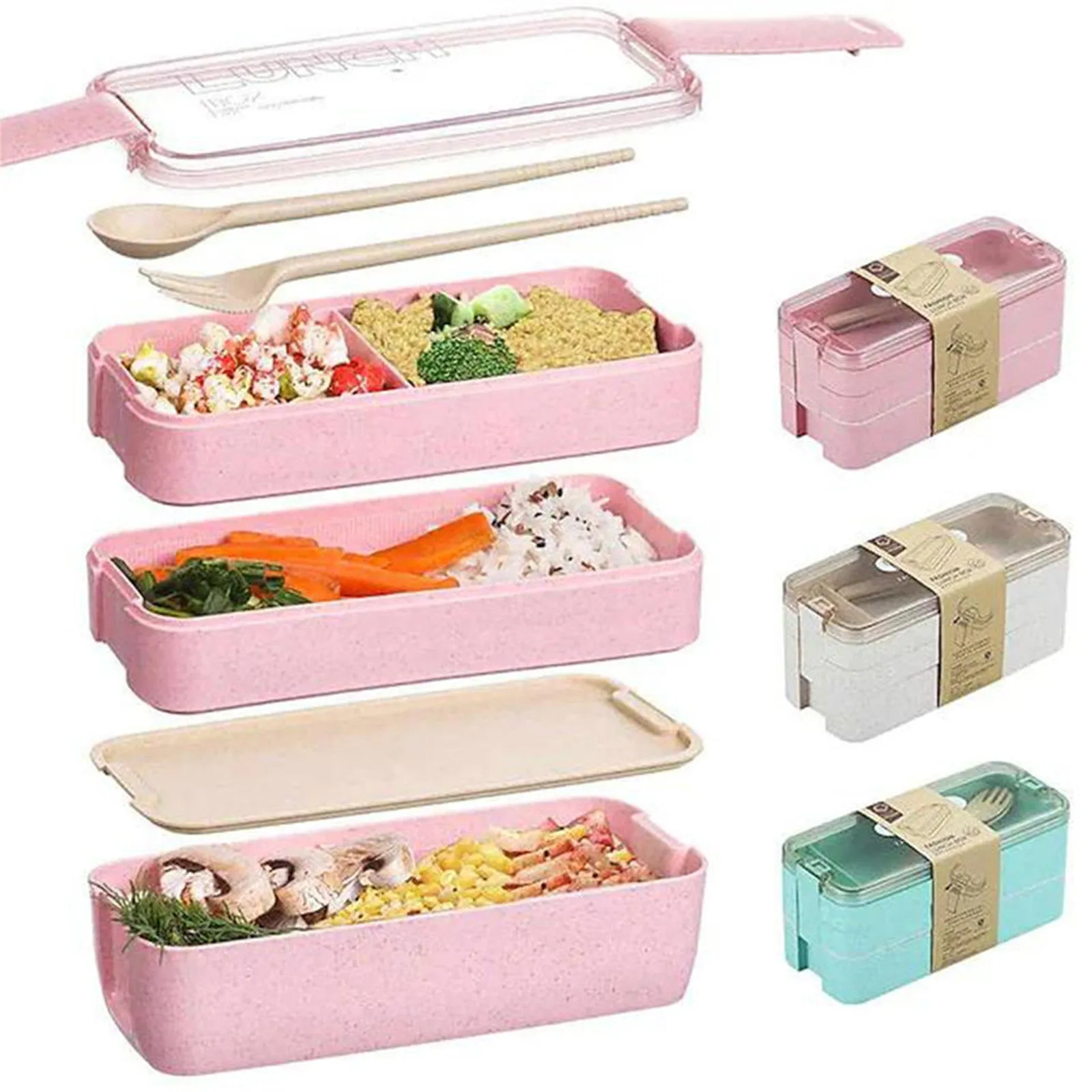 Leakproof 3 Layer Bento Box with Utensils, Eco-Friendly