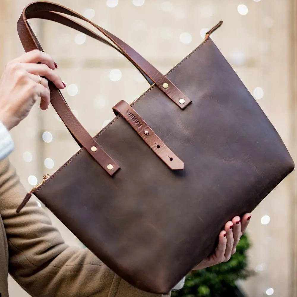 Leather Tote Bag with Zip - Dark Brown