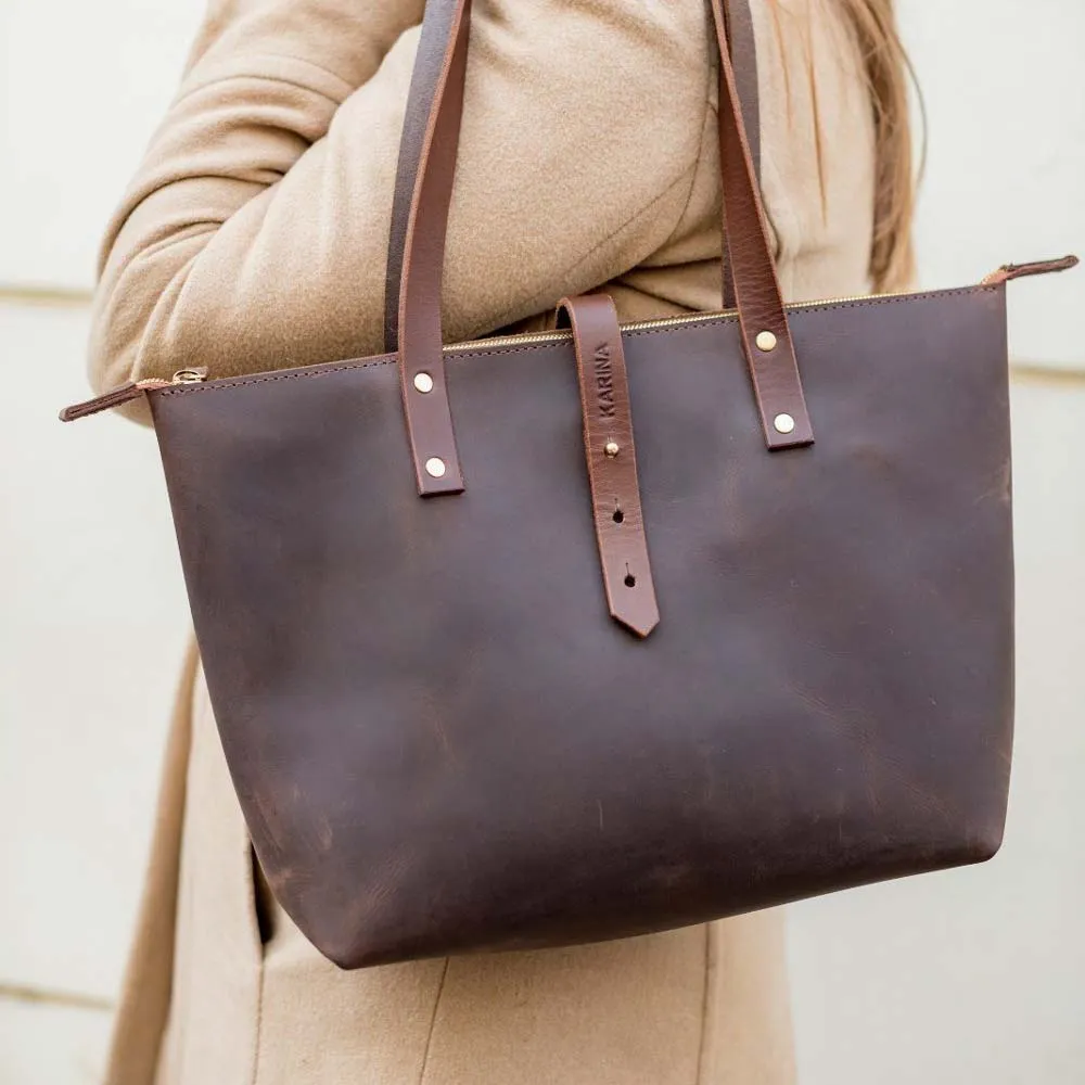 Leather Tote Bag with Zip - Dark Brown