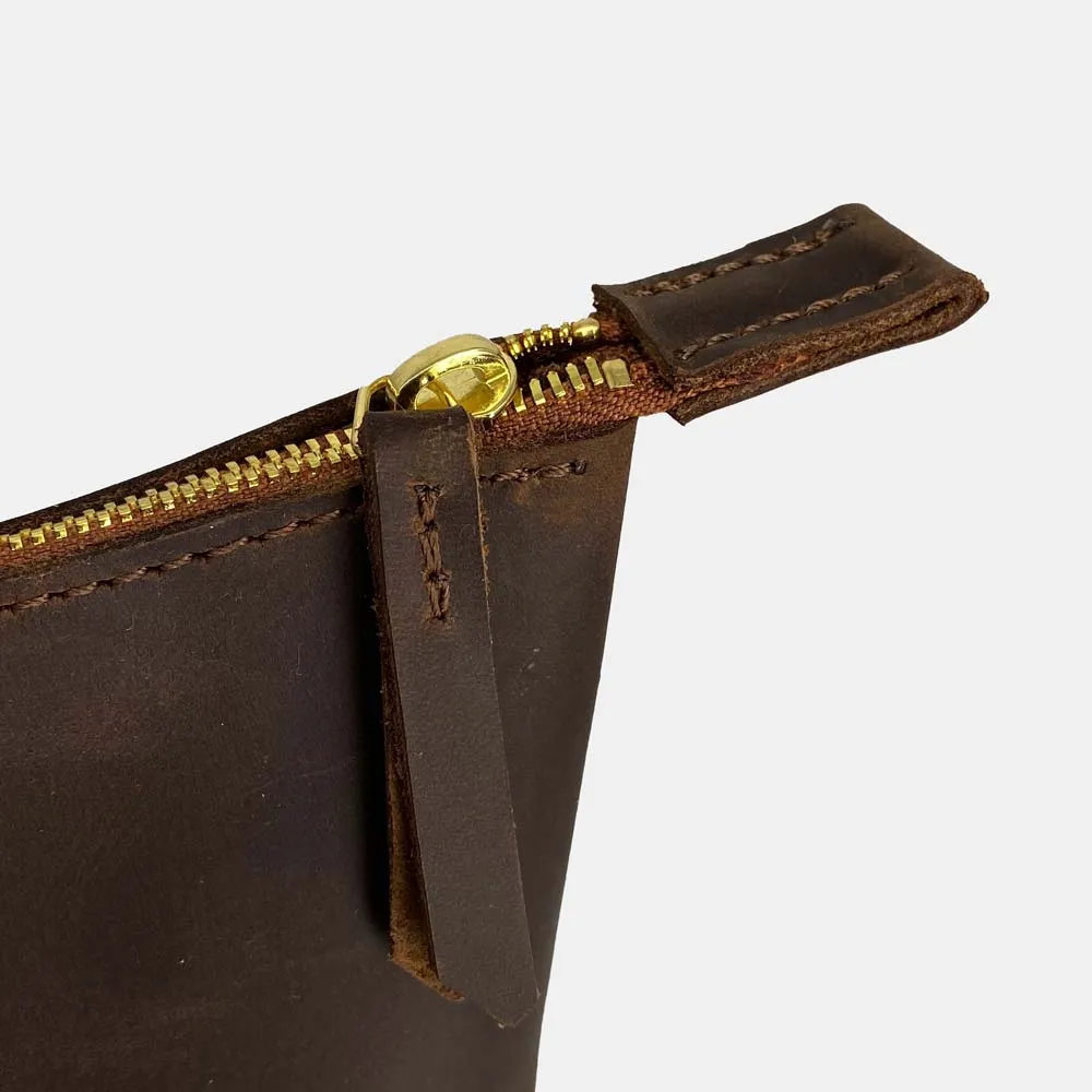 Leather Tote Bag with Zip - Dark Brown