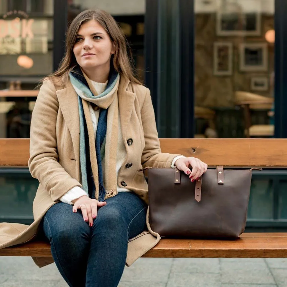 Leather Tote Bag with Zip - Dark Brown