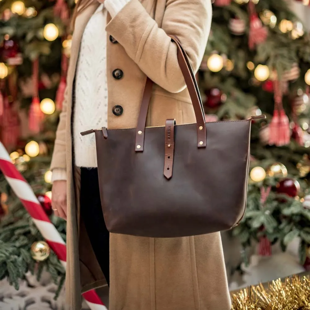 Leather Tote Bag with Zip - Dark Brown