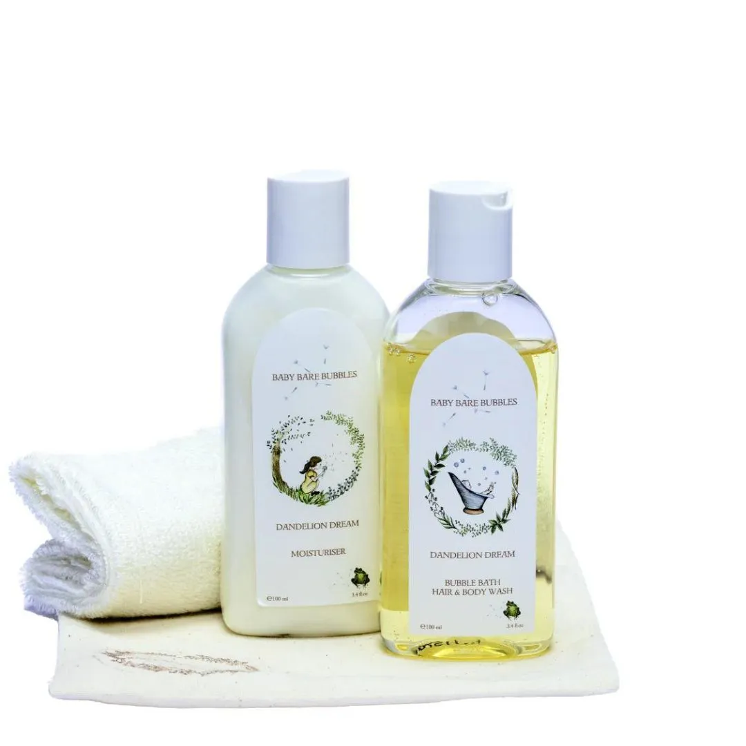 Luxury Baby Skincare Travel Set, Baby Bare Bubbles, Baby Wash, Moisturiser, Tote Bag & Washcloth