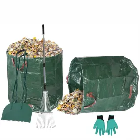 Metal Leaf Rake Set, Comes with Large Leaf Scoop, 2 Garden Bags, 1 Pair of Work Gloves, Leaf Clean-Up Tool