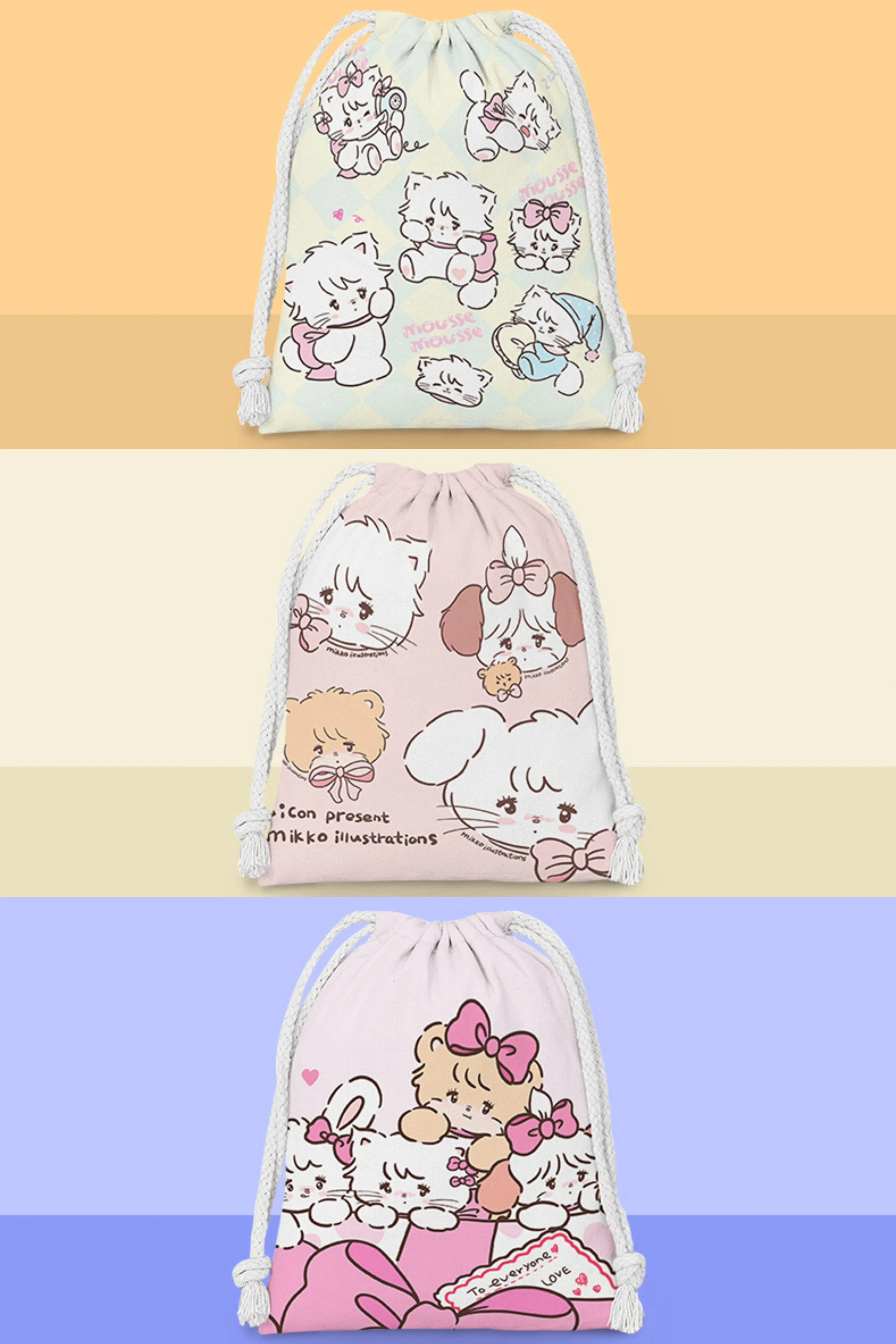 Mikko illustration Drawstring Pockets | Kawaii Bear Latte Dog Souffie Kitten Mousse Rabbit Cammy - 3 Size Tidy up Bag Kawaii Style