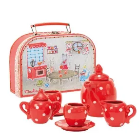 Moulin Roty red ceramic tea set in suitcase