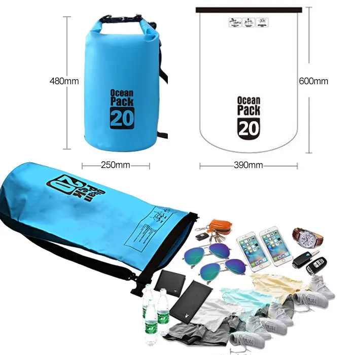 Outdoor Waterproof Double Shoulder Bag Dry Sack PVC Barrel Bag, Capacity: 20L (Dark Blue)