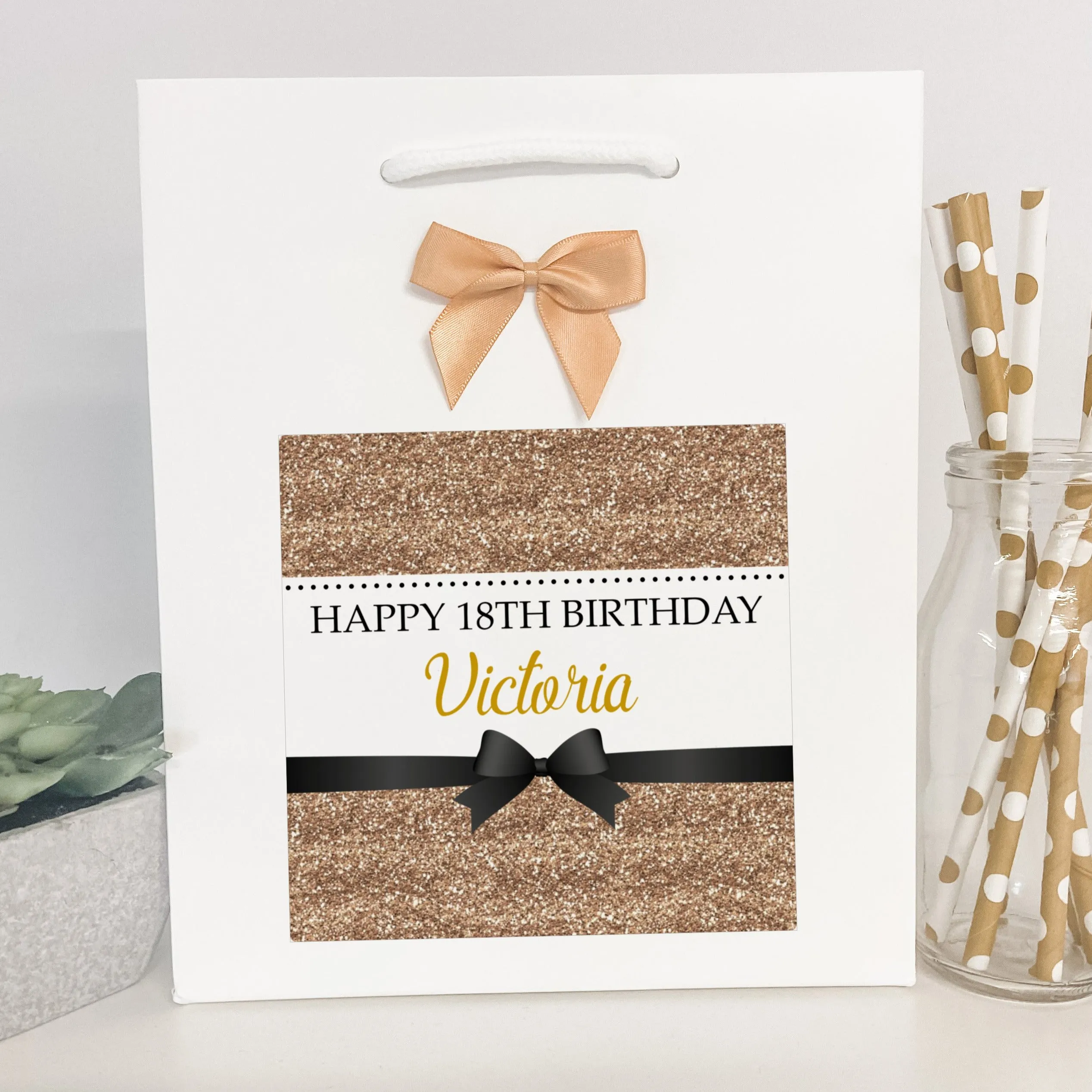 Personalised Birthday Gift Bag Printed Glitter Effect Gold