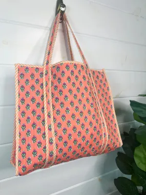 Quilted Tote Bag- Coral Floral