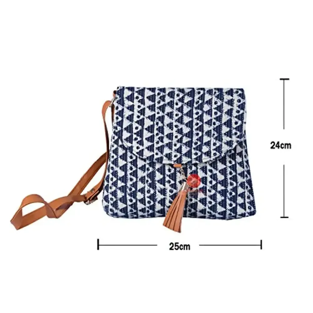 Saudeep India Hand Made Cotton Printed Ikat Sling Bag For Women Girls, College Bag For Girls (Blue)