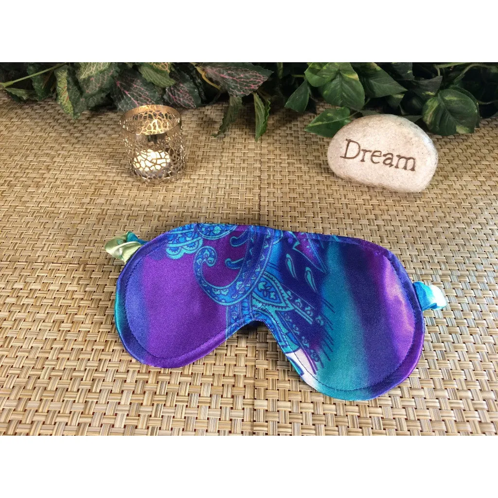 Sleep Eye Cover, Purple, Turquoise Blue Paisley Satin Charmeuse