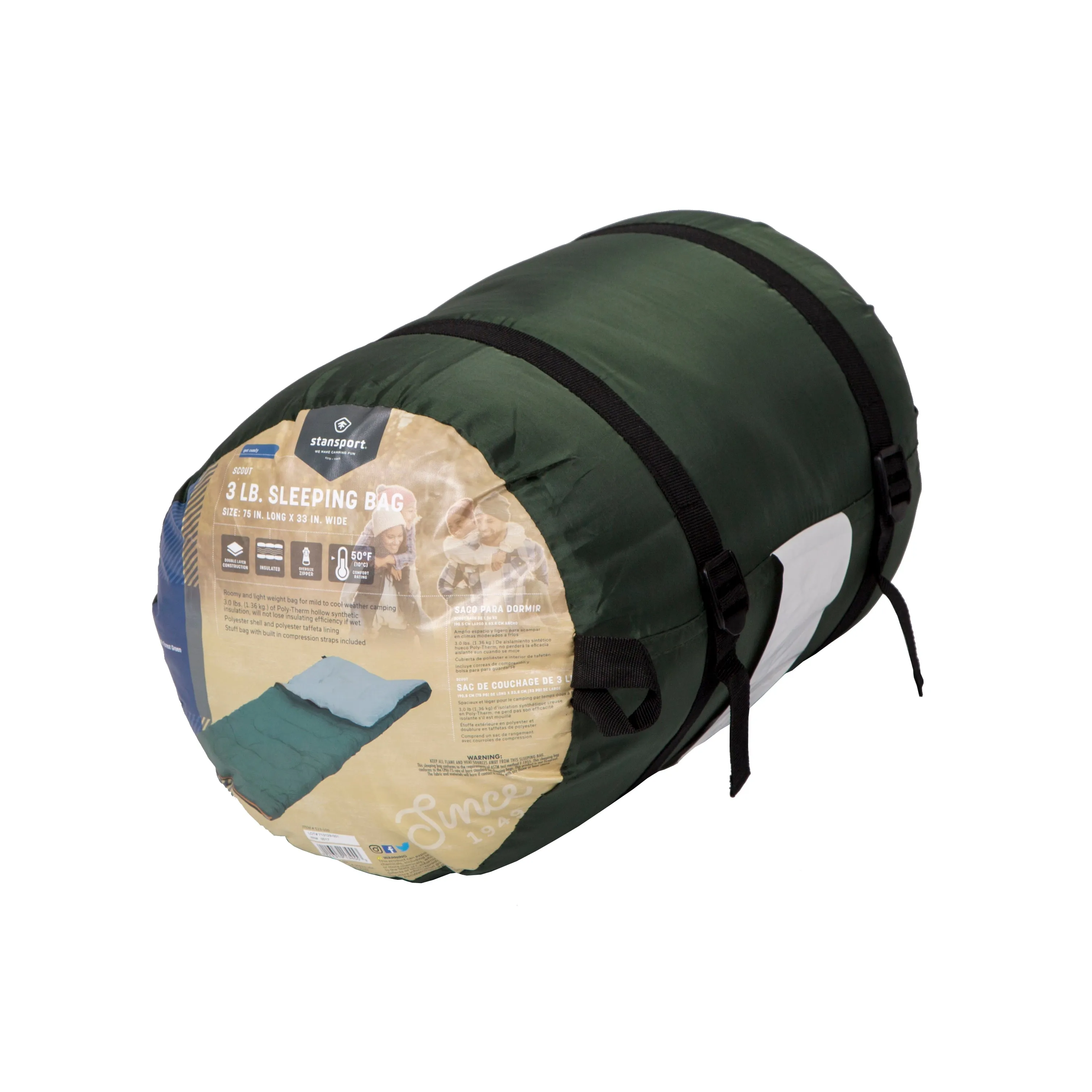 Stansport Scout - 3 lb - 33" x 75" Rect. Sleeping Bag - Forest Green