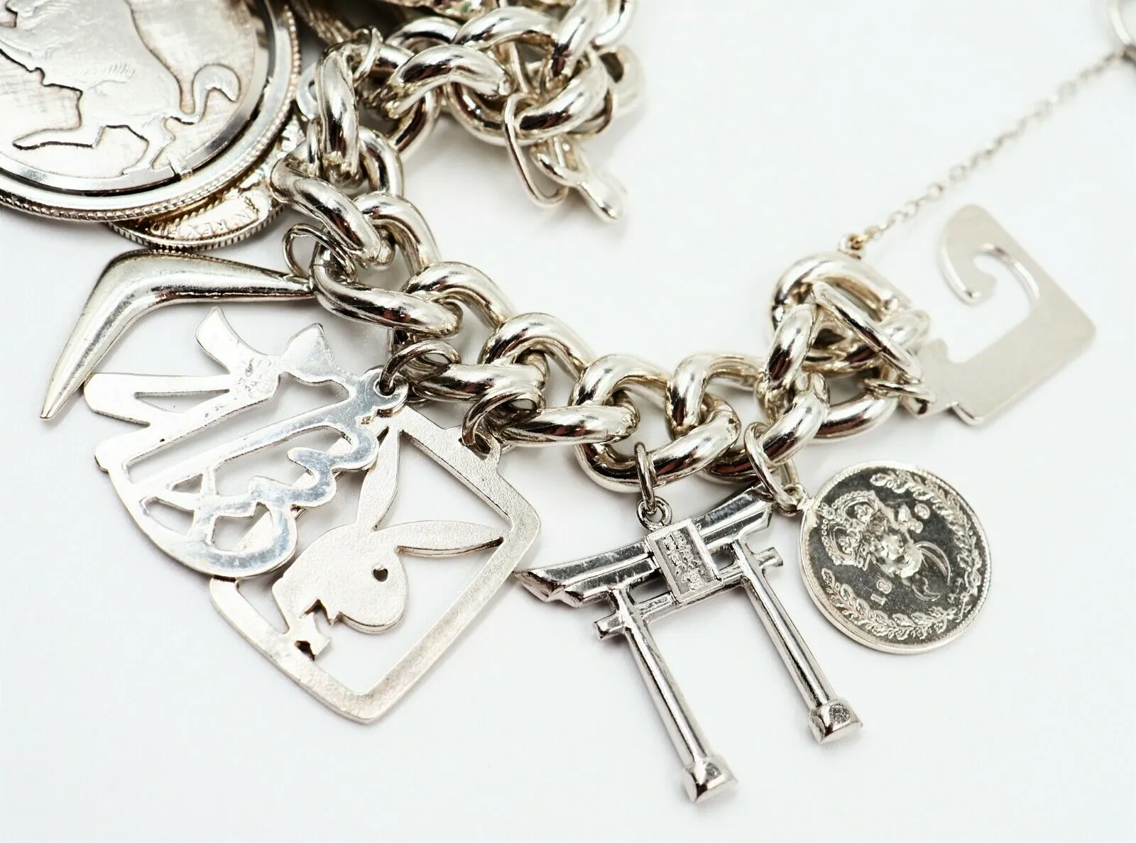 Sterling Silver Charm Bracelet with 19 Charms & Heart Padlock