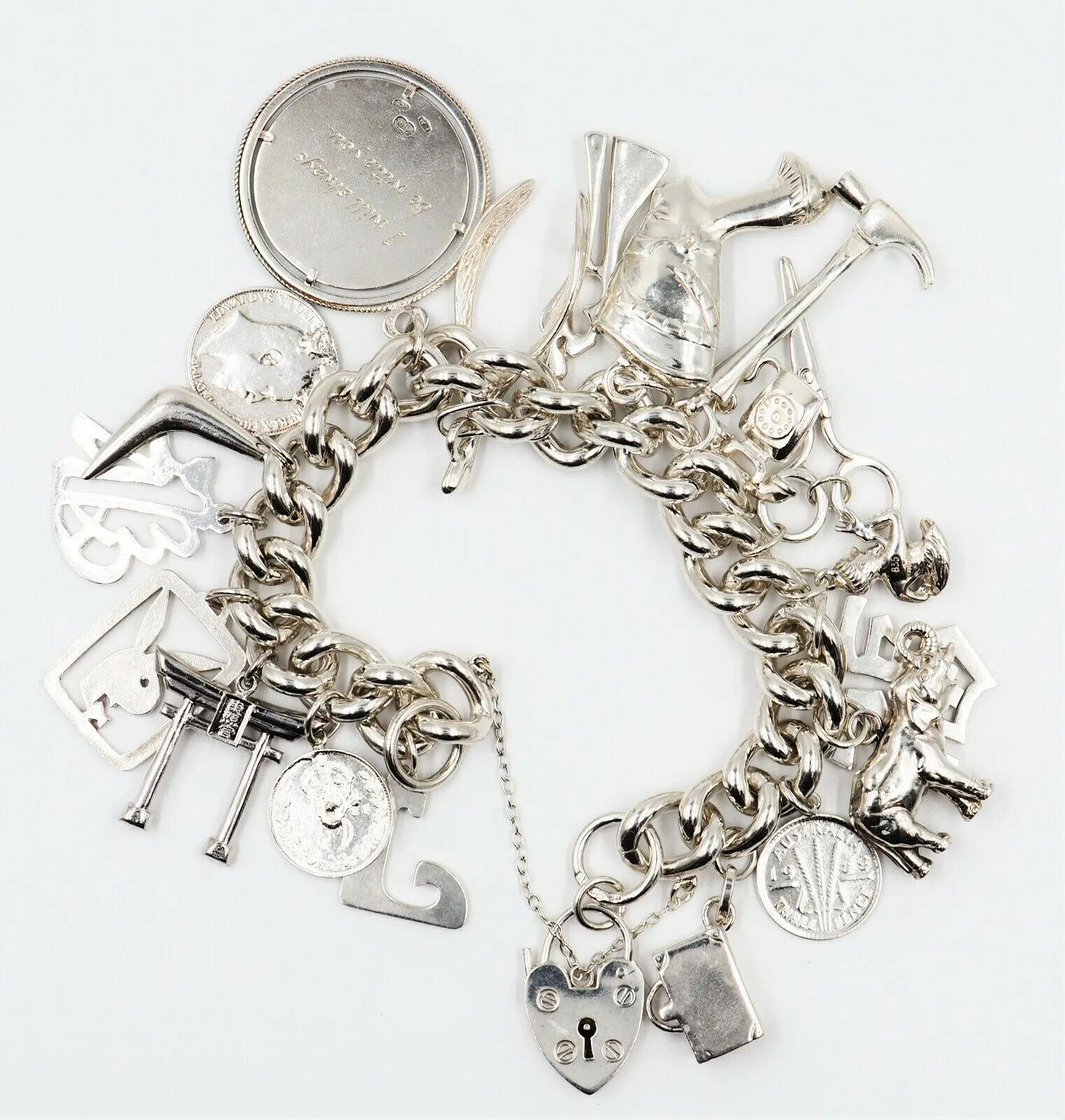 Sterling Silver Charm Bracelet with 19 Charms & Heart Padlock