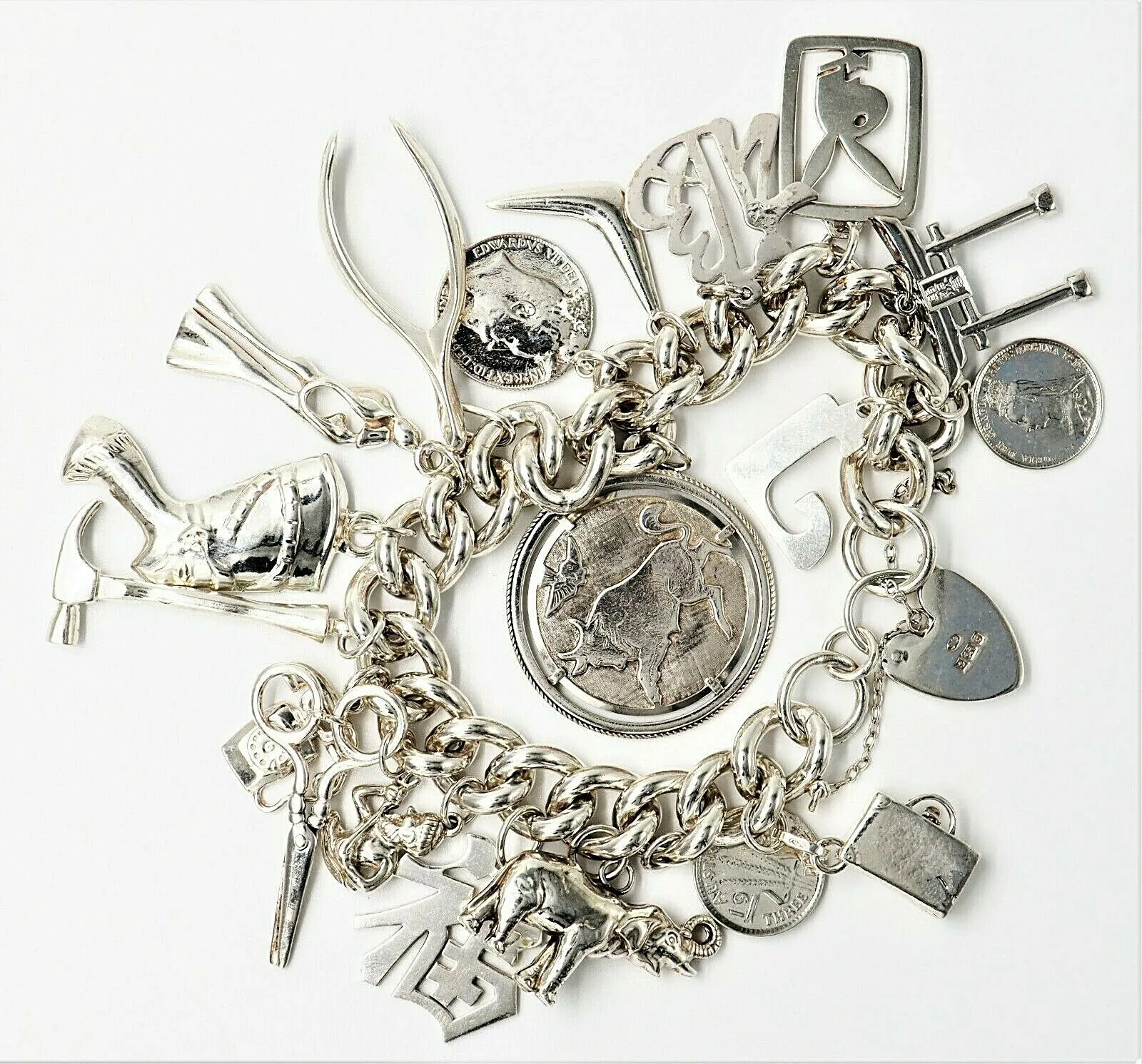 Sterling Silver Charm Bracelet with 19 Charms & Heart Padlock