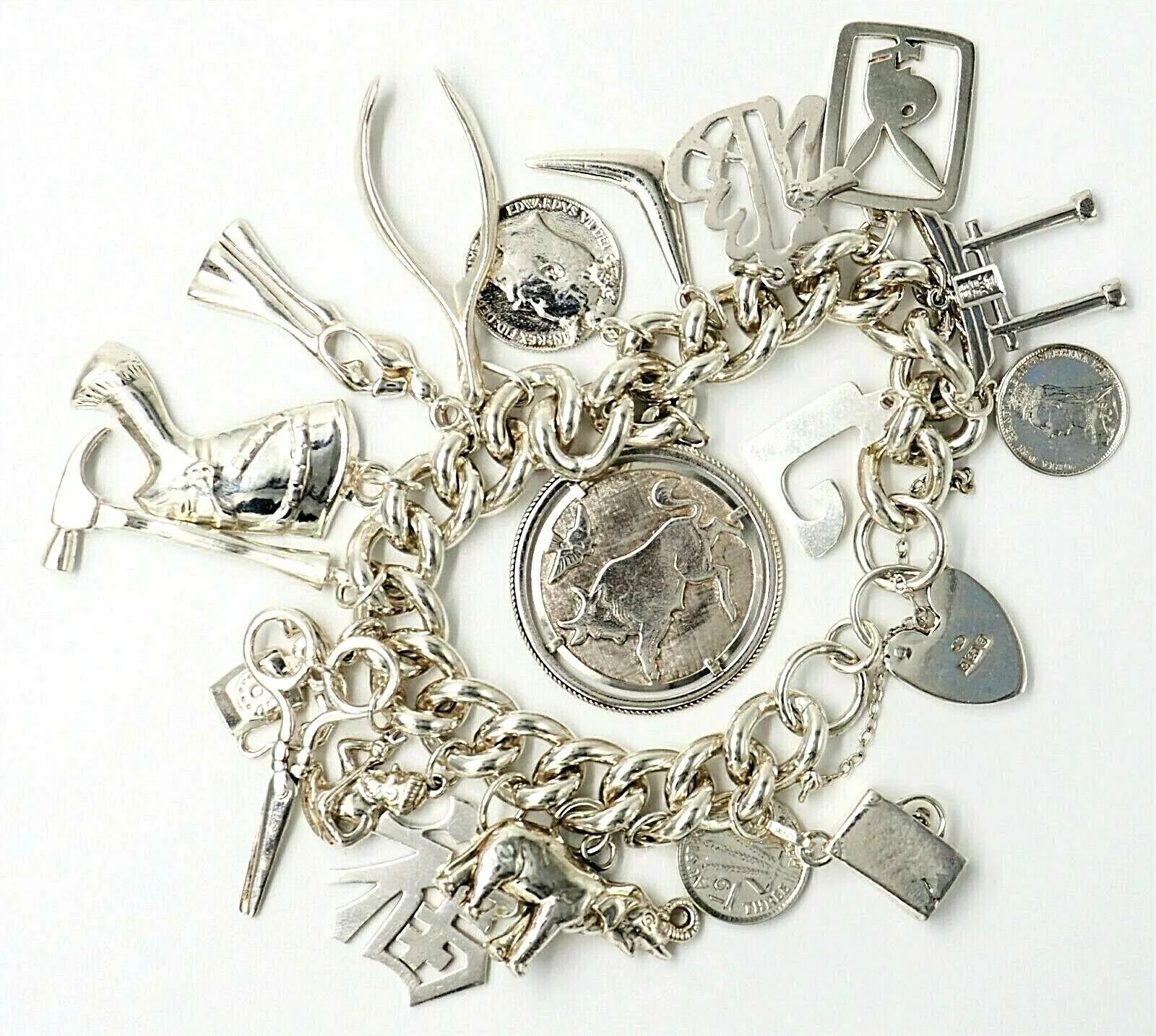 Sterling Silver Charm Bracelet with 19 Charms & Heart Padlock