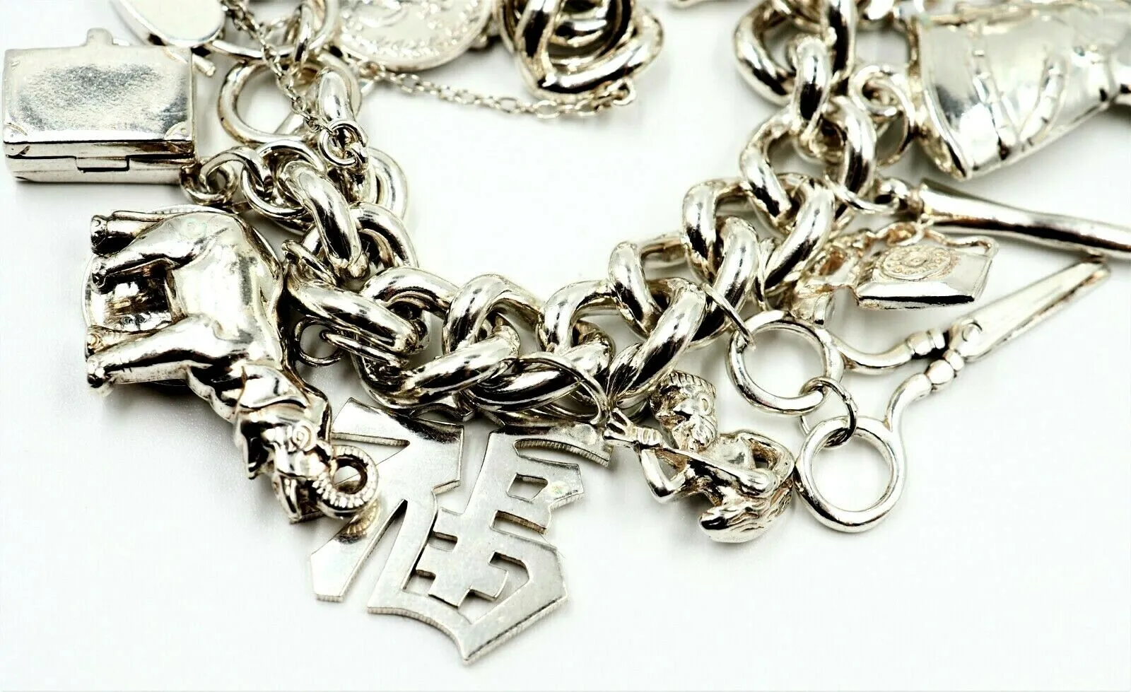 Sterling Silver Charm Bracelet with 19 Charms & Heart Padlock