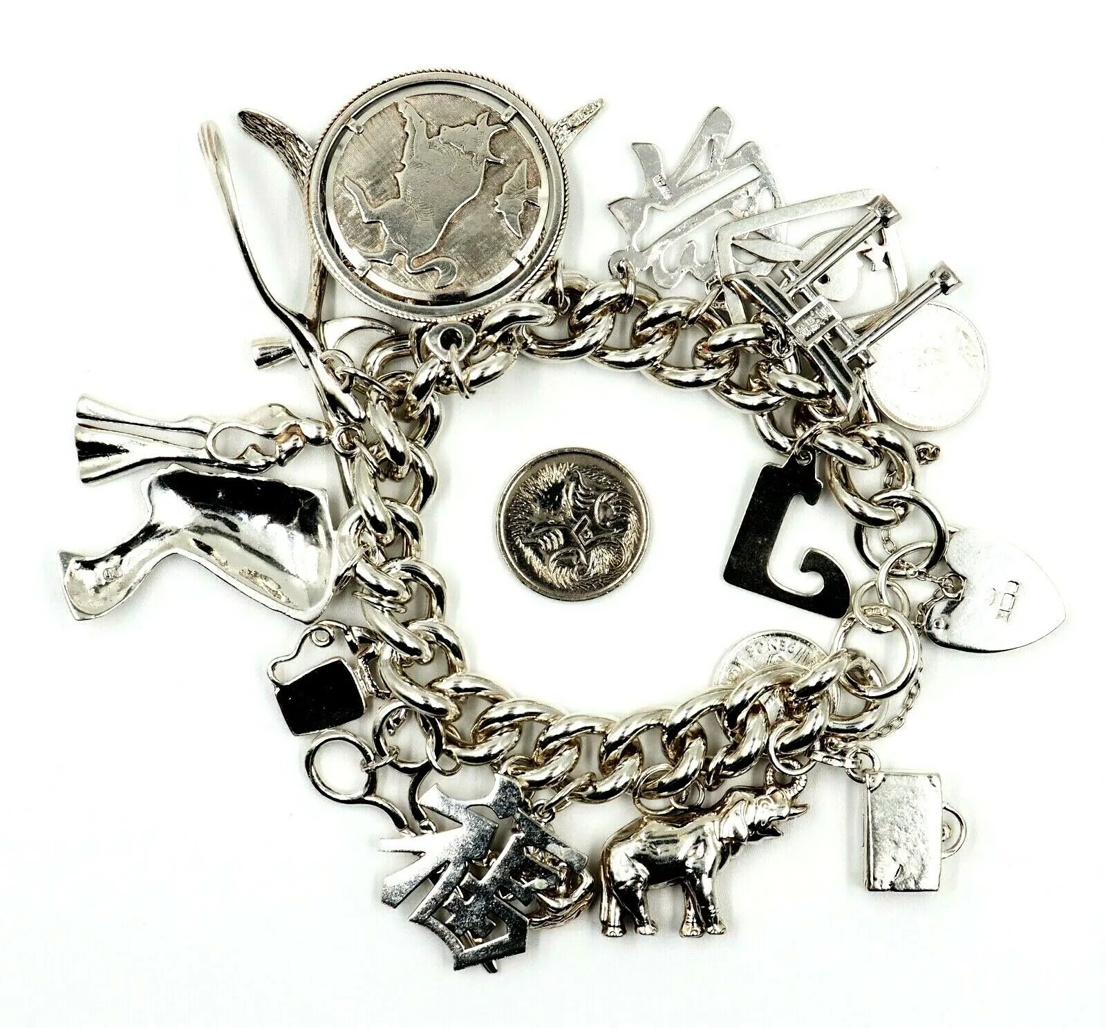 Sterling Silver Charm Bracelet with 19 Charms & Heart Padlock