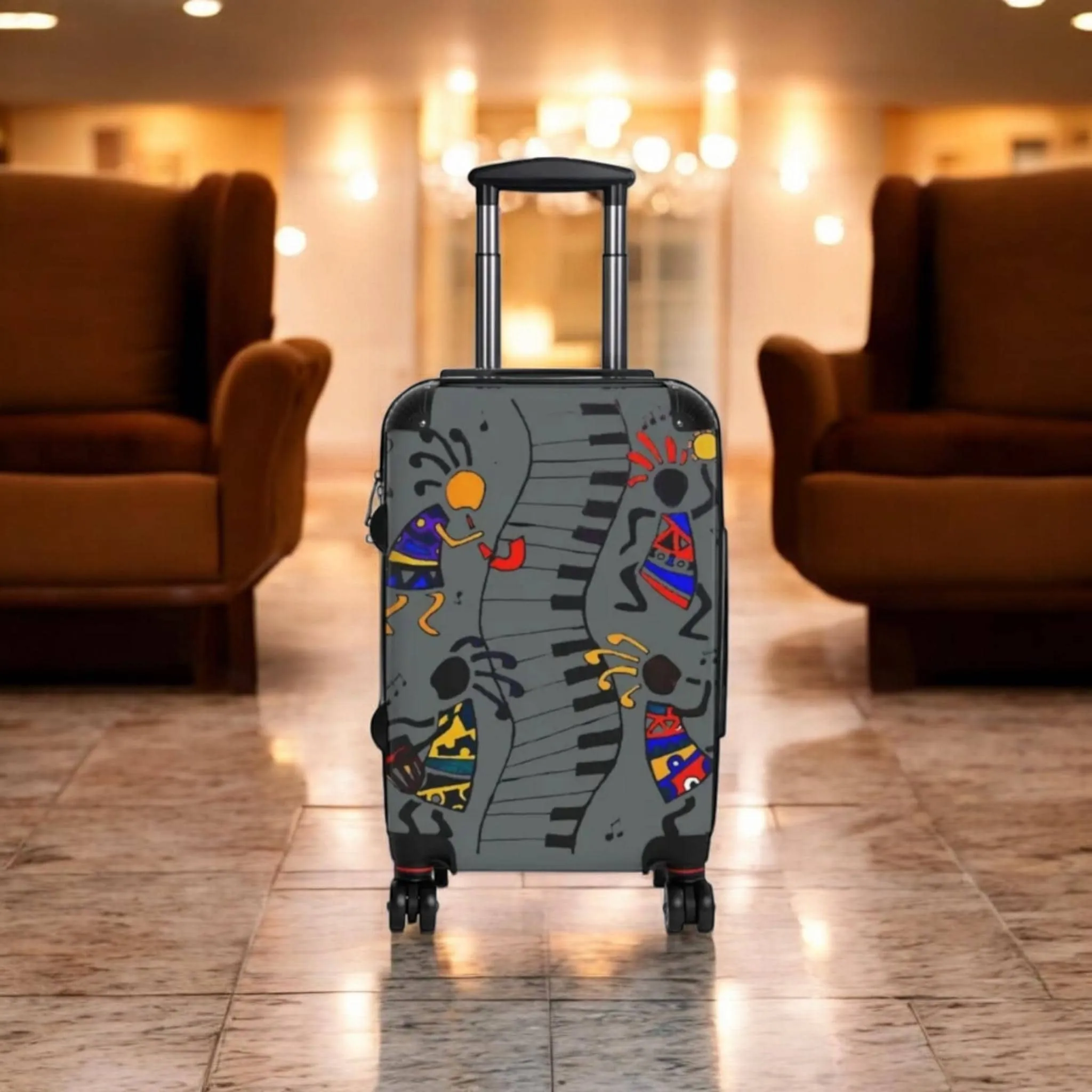 Suitcase, Afro Music Cartoon Suitcase, Handcrafted Luggage Bag, Traveler Gift