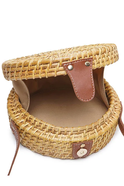 Tan Brown Round Rattan Sling Bag