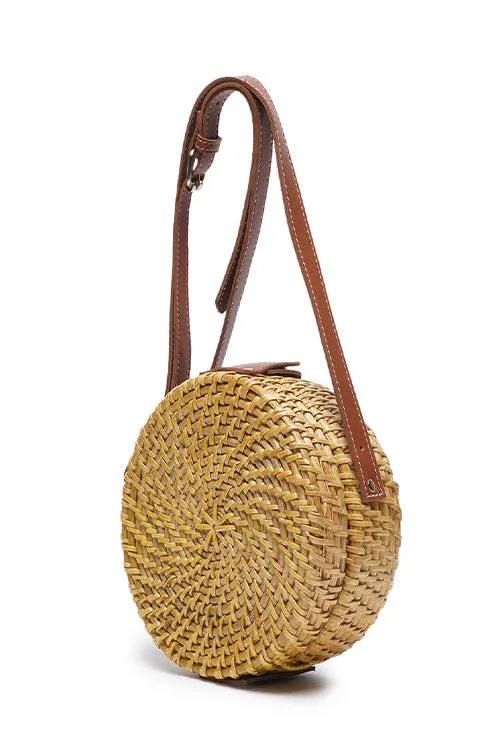 Tan Brown Round Rattan Sling Bag