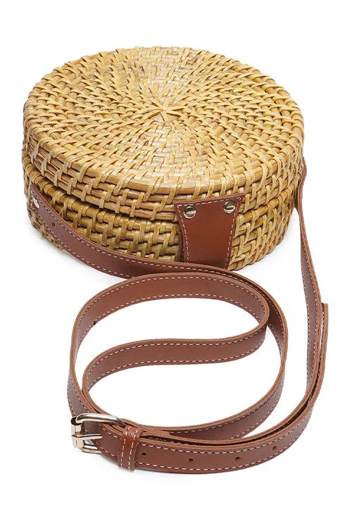 Tan Brown Round Rattan Sling Bag