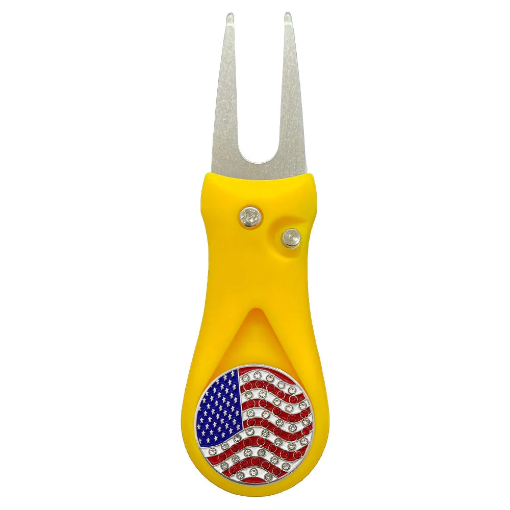 USA Flag Golf Ball Marker With Colored Divot Repair Tool